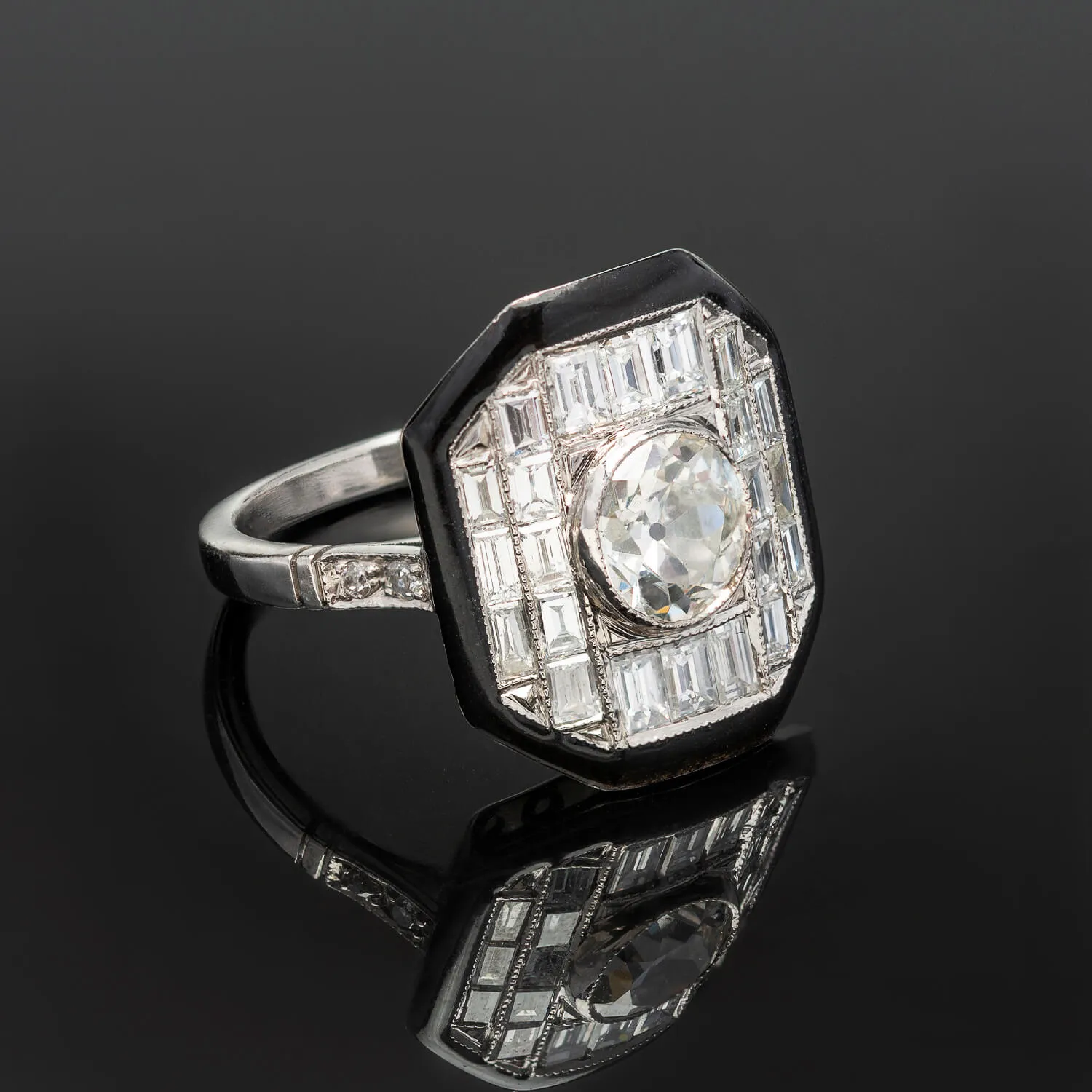 Art Deco Style Platinum, Enamel   Diamond Ring 1ctw Center