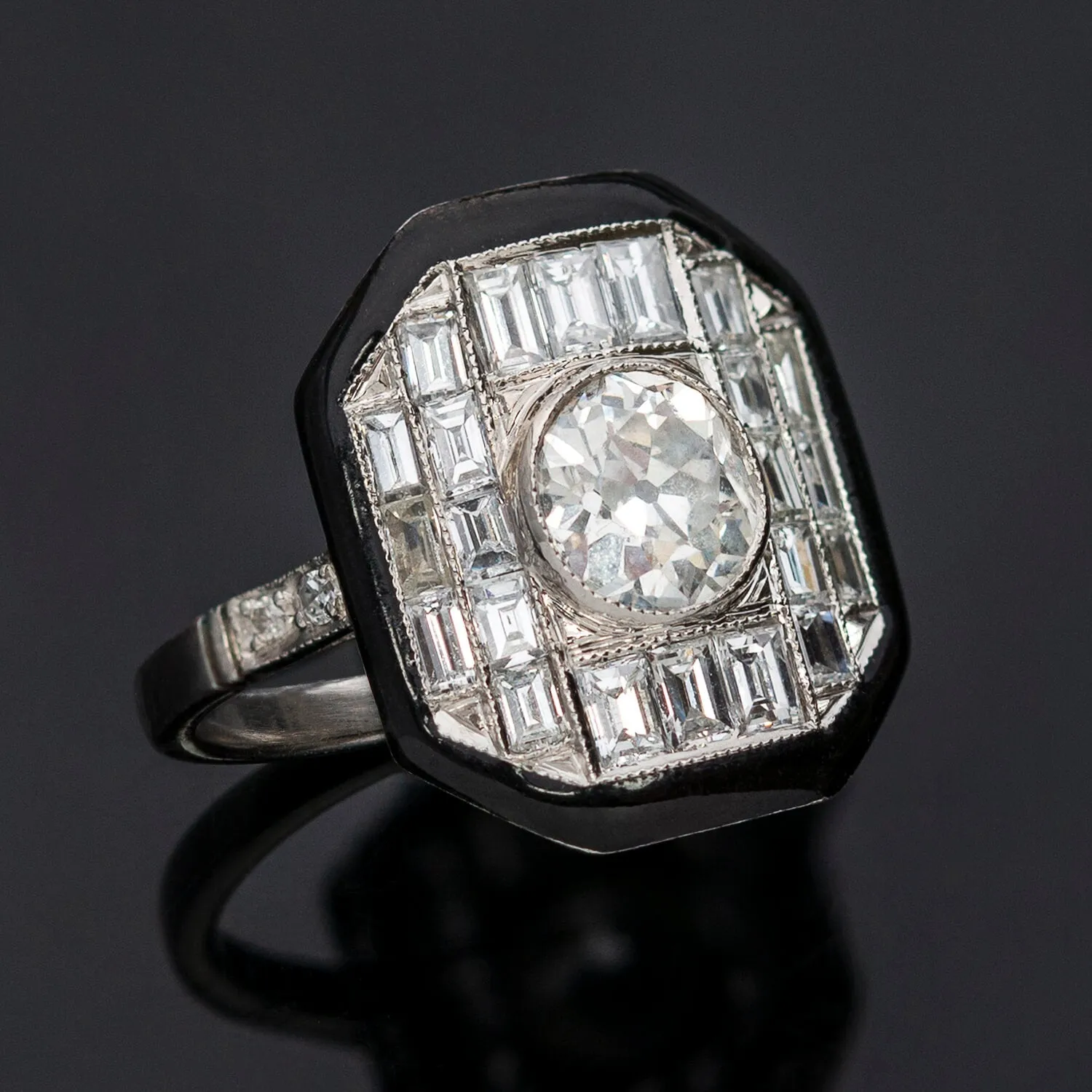 Art Deco Style Platinum, Enamel   Diamond Ring 1ctw Center