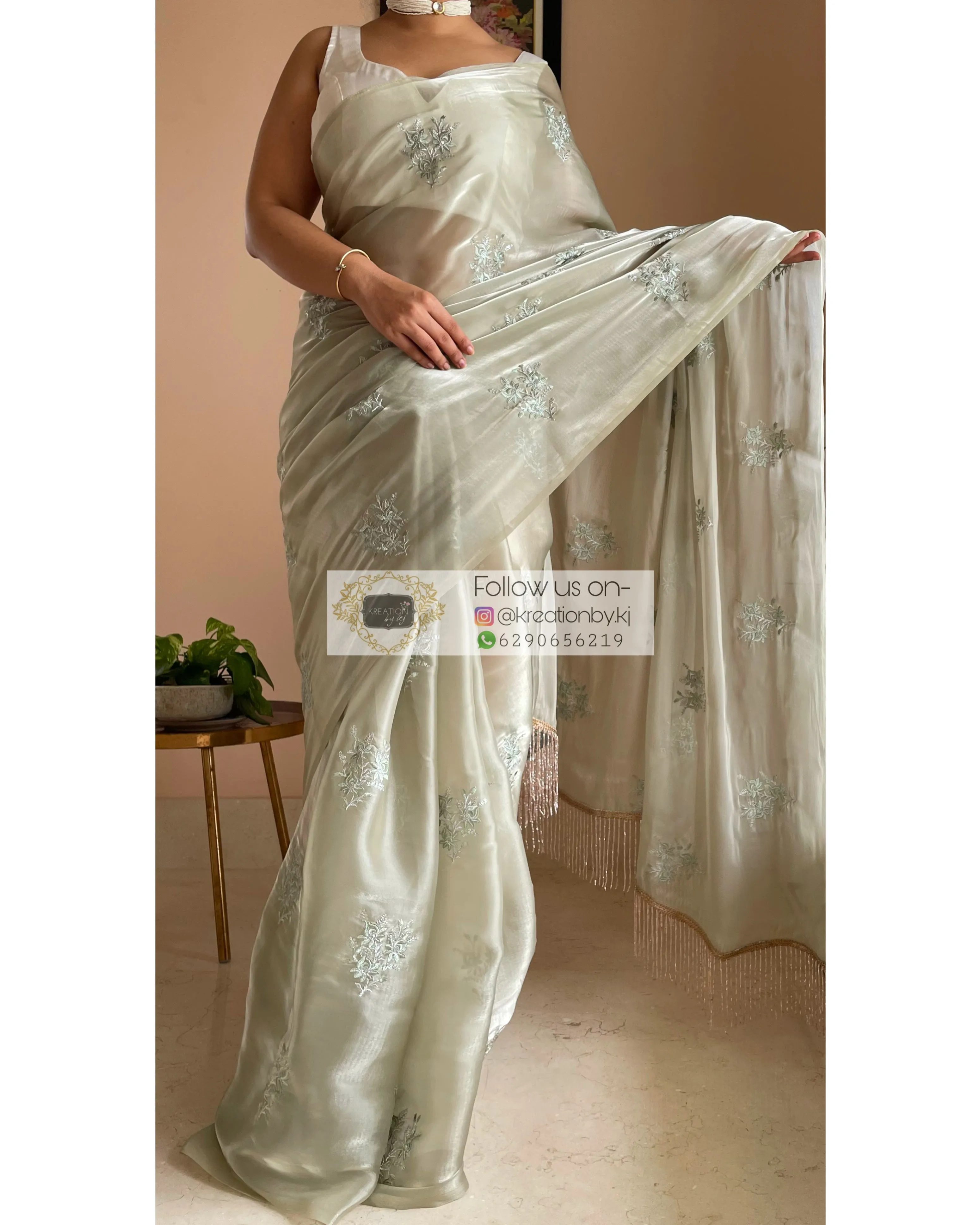 Ash Green Glass Organza Saree with Embroidery