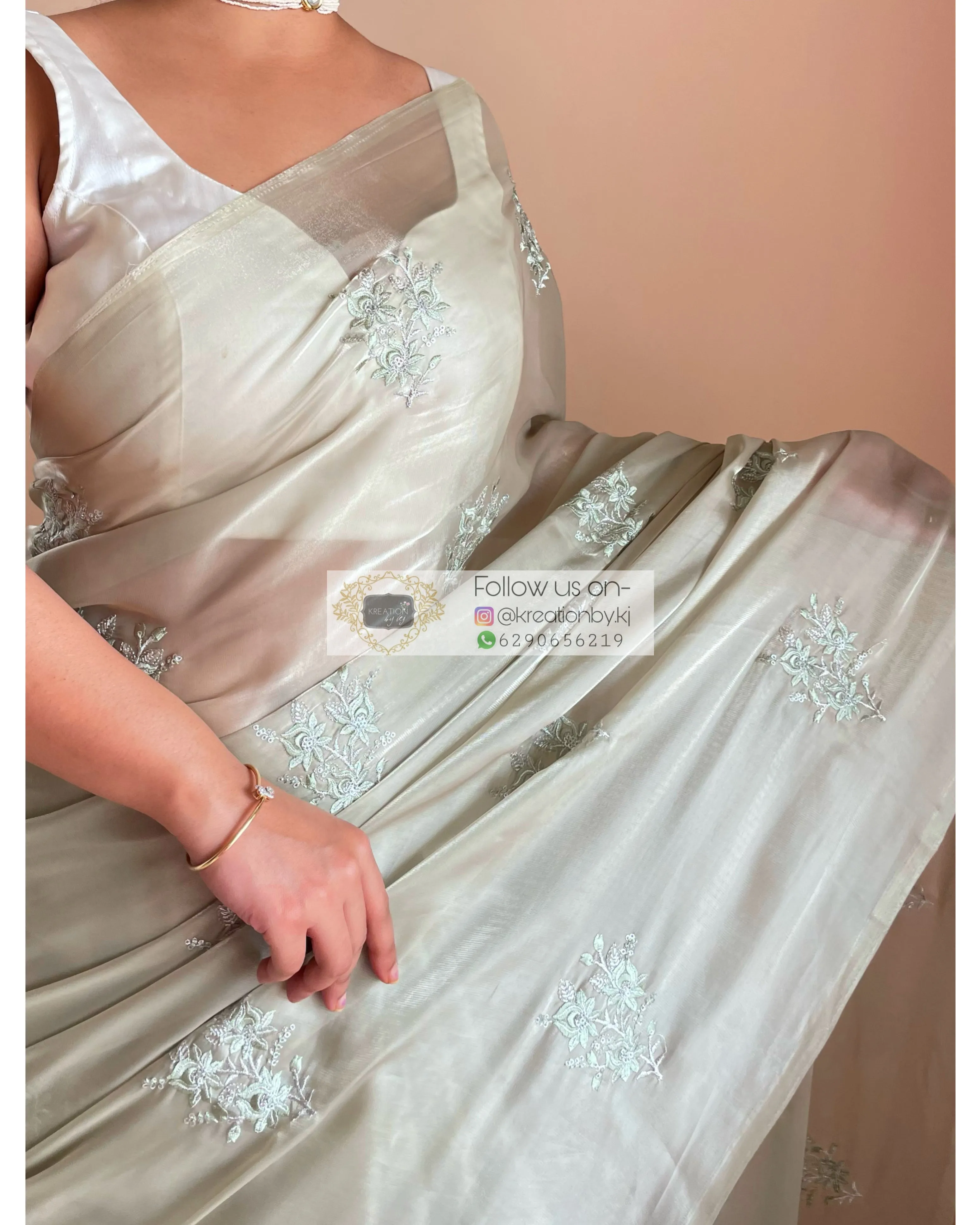 Ash Green Glass Organza Saree with Embroidery