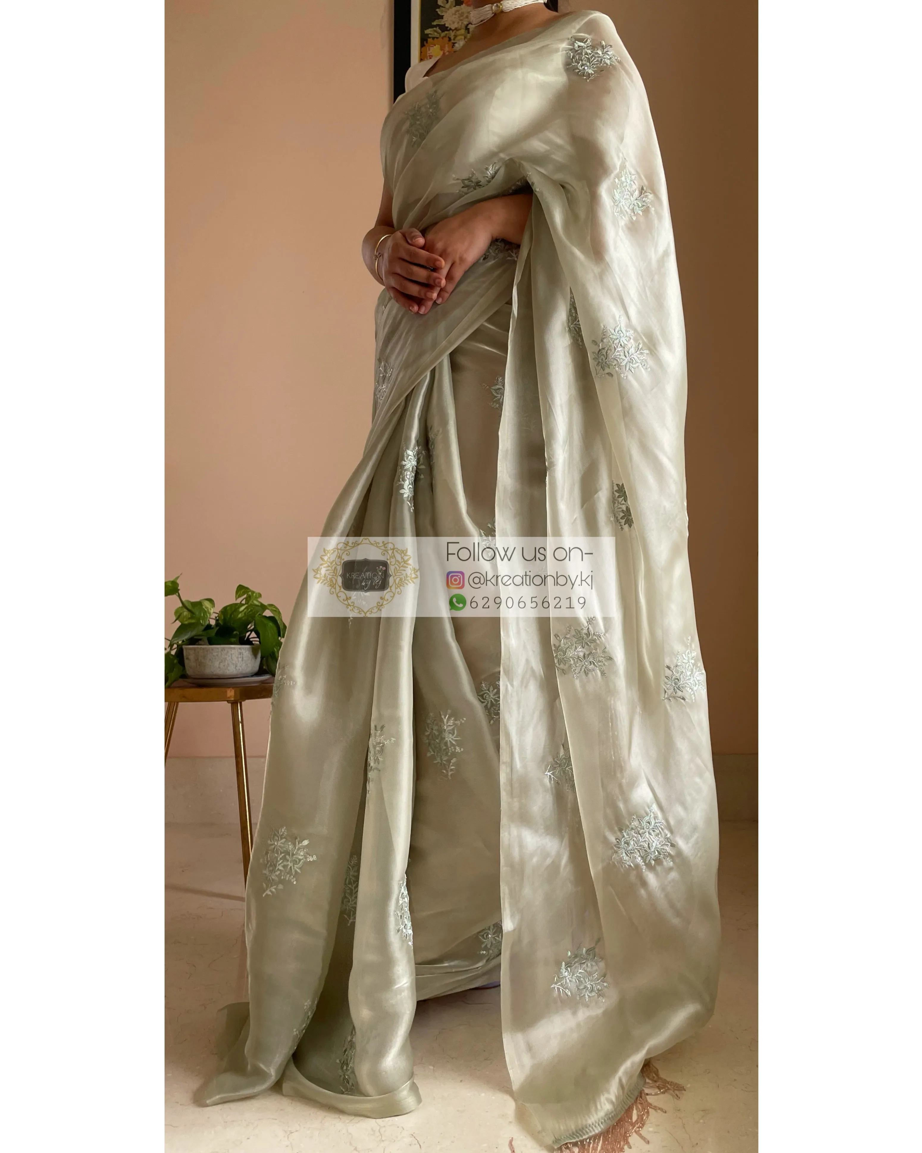 Ash Green Glass Organza Saree with Embroidery