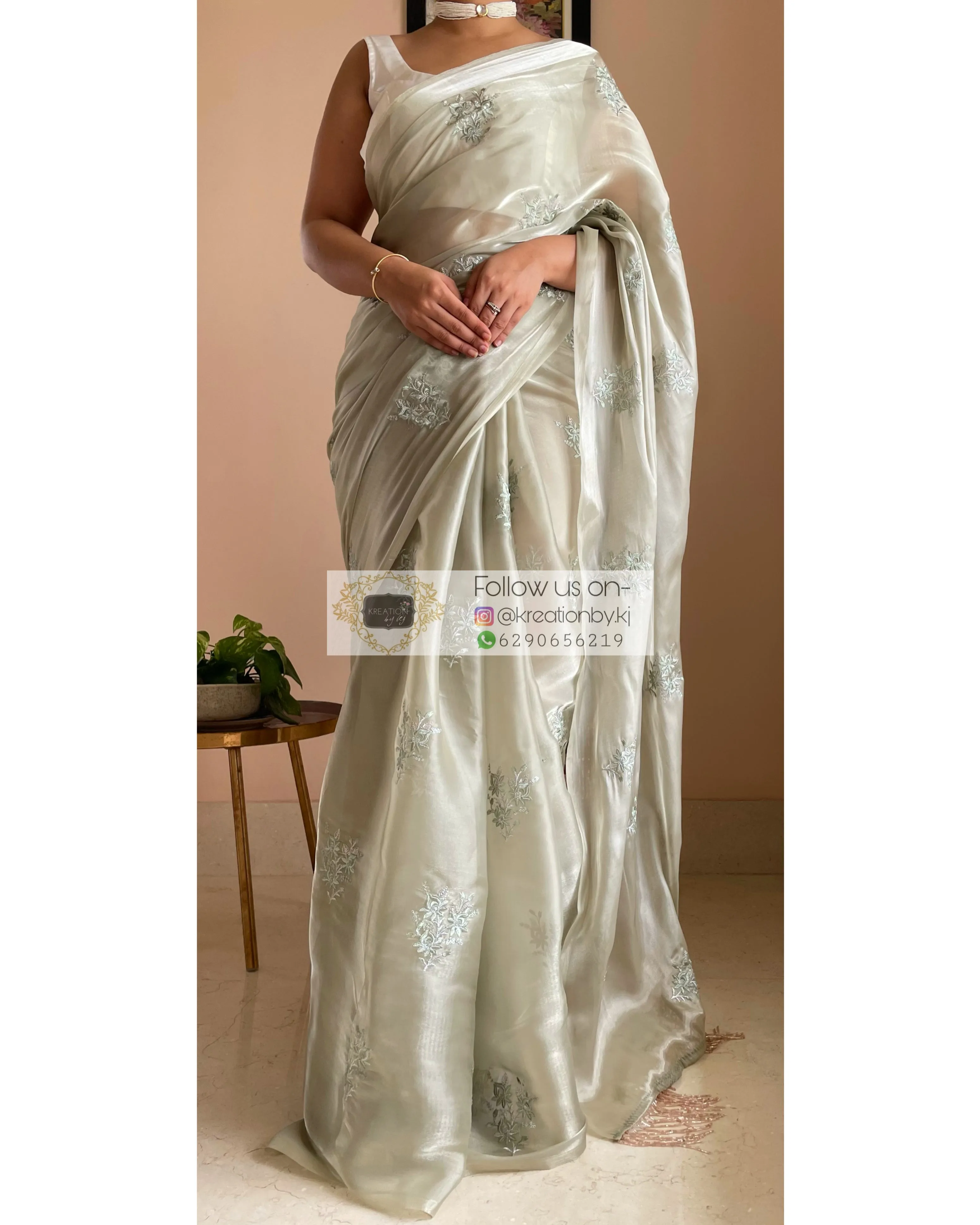 Ash Green Glass Organza Saree with Embroidery