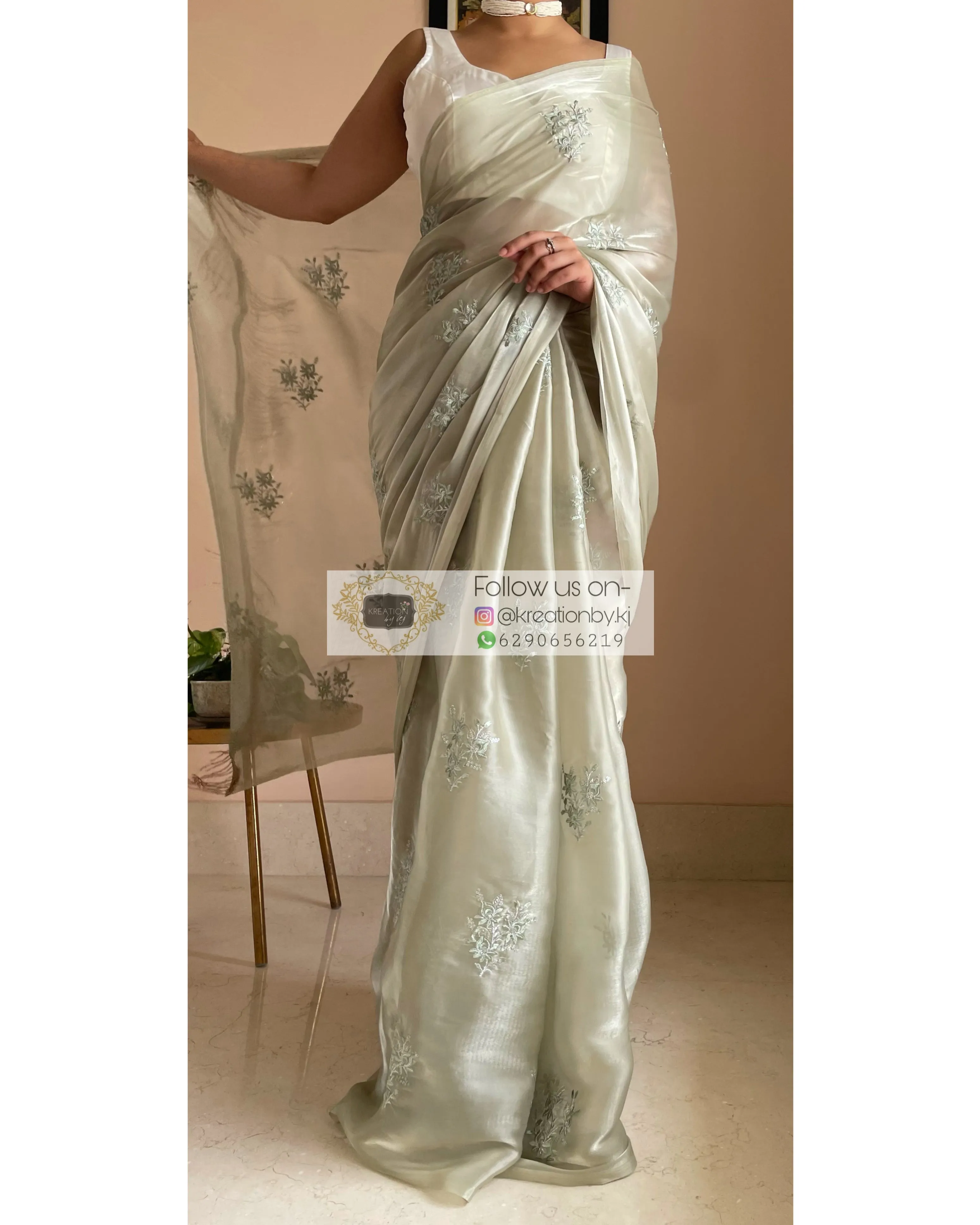 Ash Green Glass Organza Saree with Embroidery