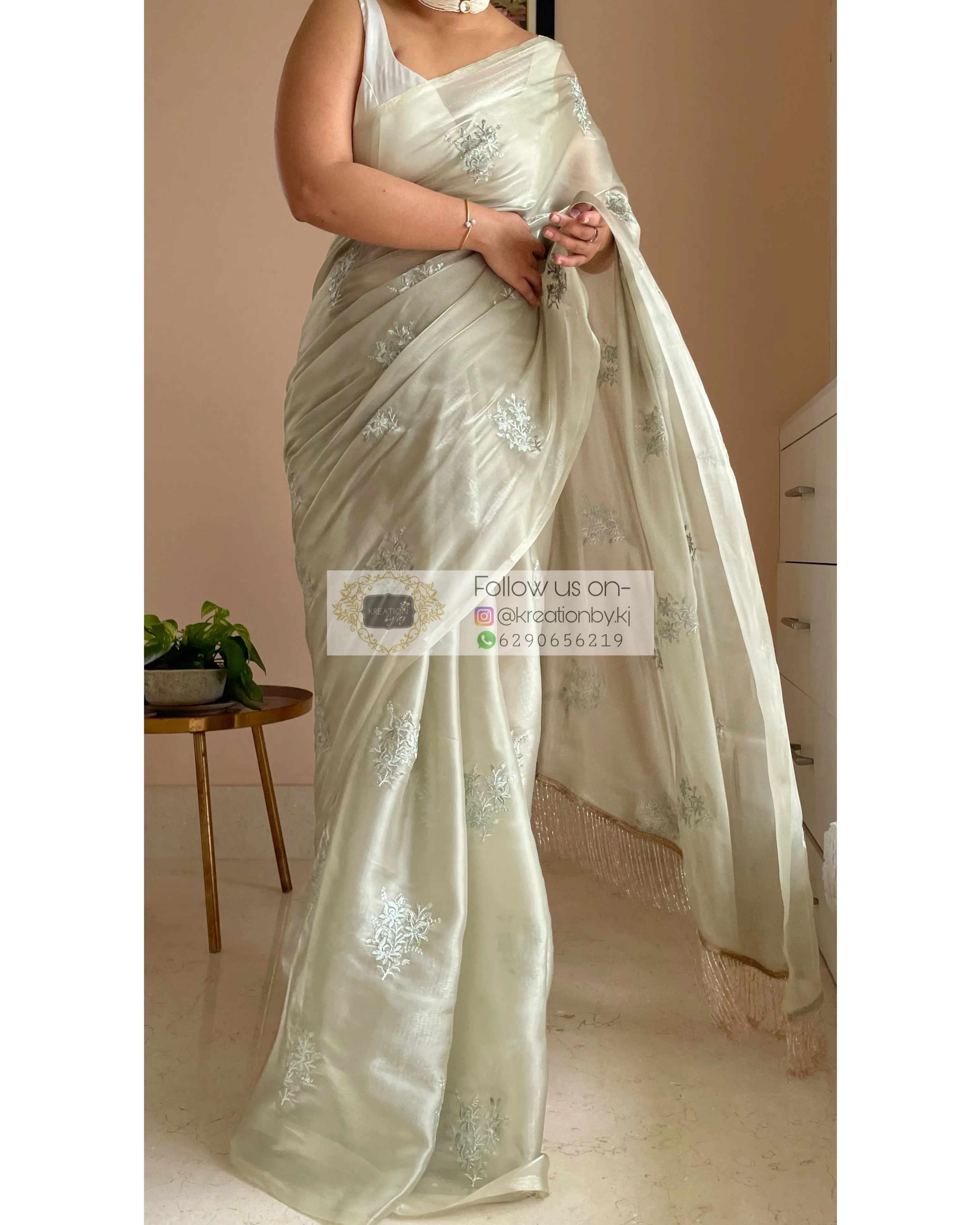 Ash Green Glass Organza Saree with Embroidery