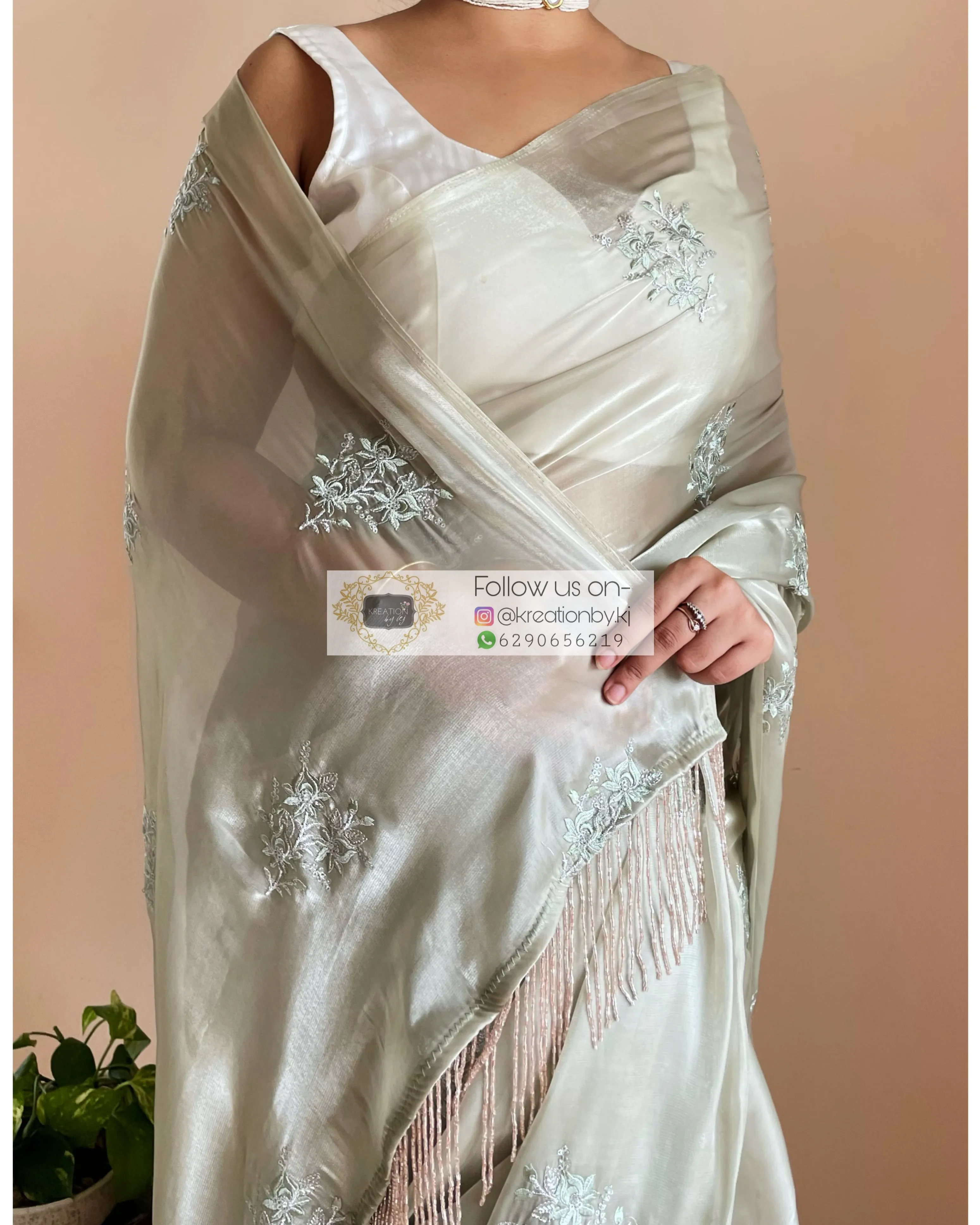 Ash Green Glass Organza Saree with Embroidery