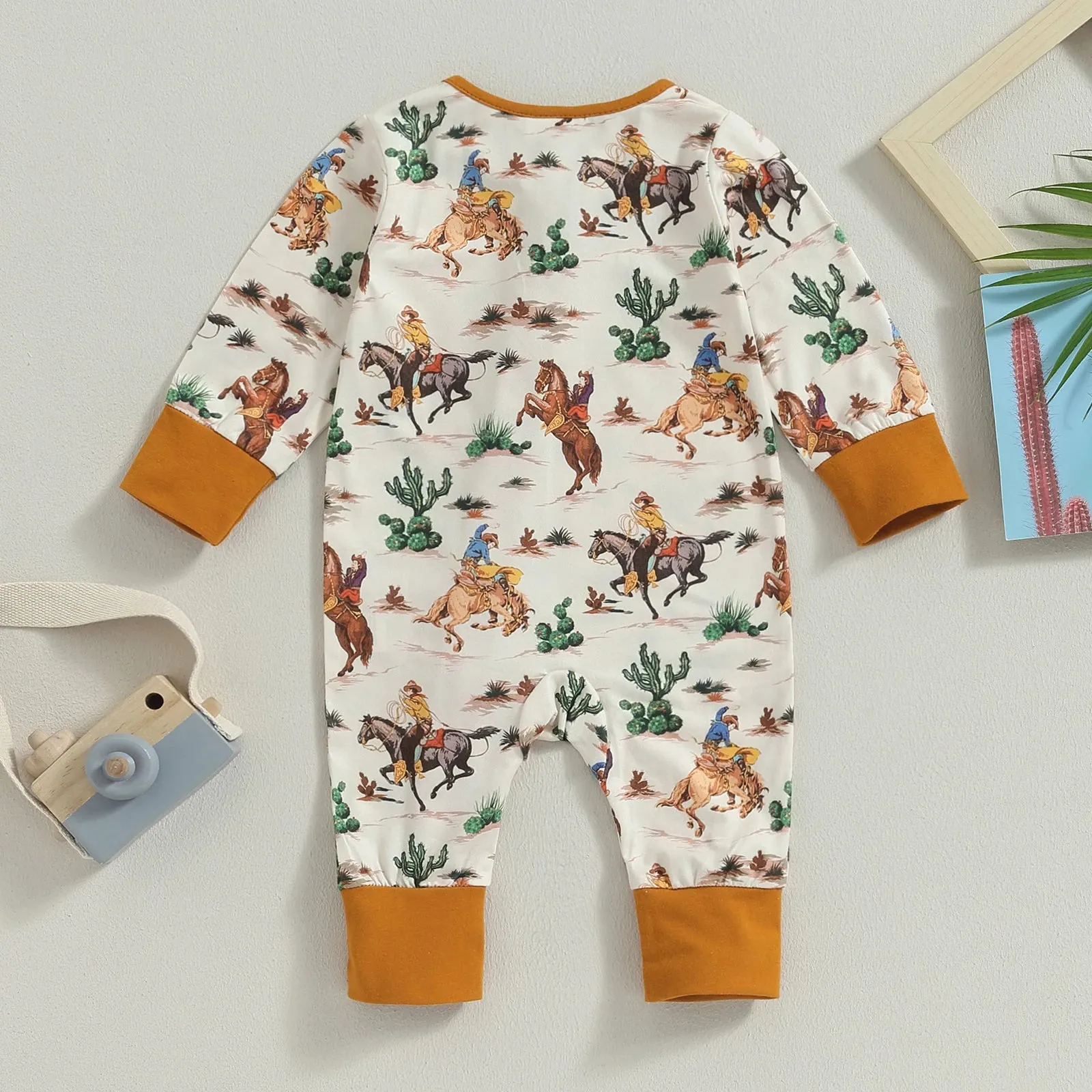 Baby Boys Western Zip-Up Romper Onesie Cactus Cowboy Horse