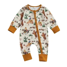 Baby Boys Western Zip-Up Romper Onesie Cactus Cowboy Horse