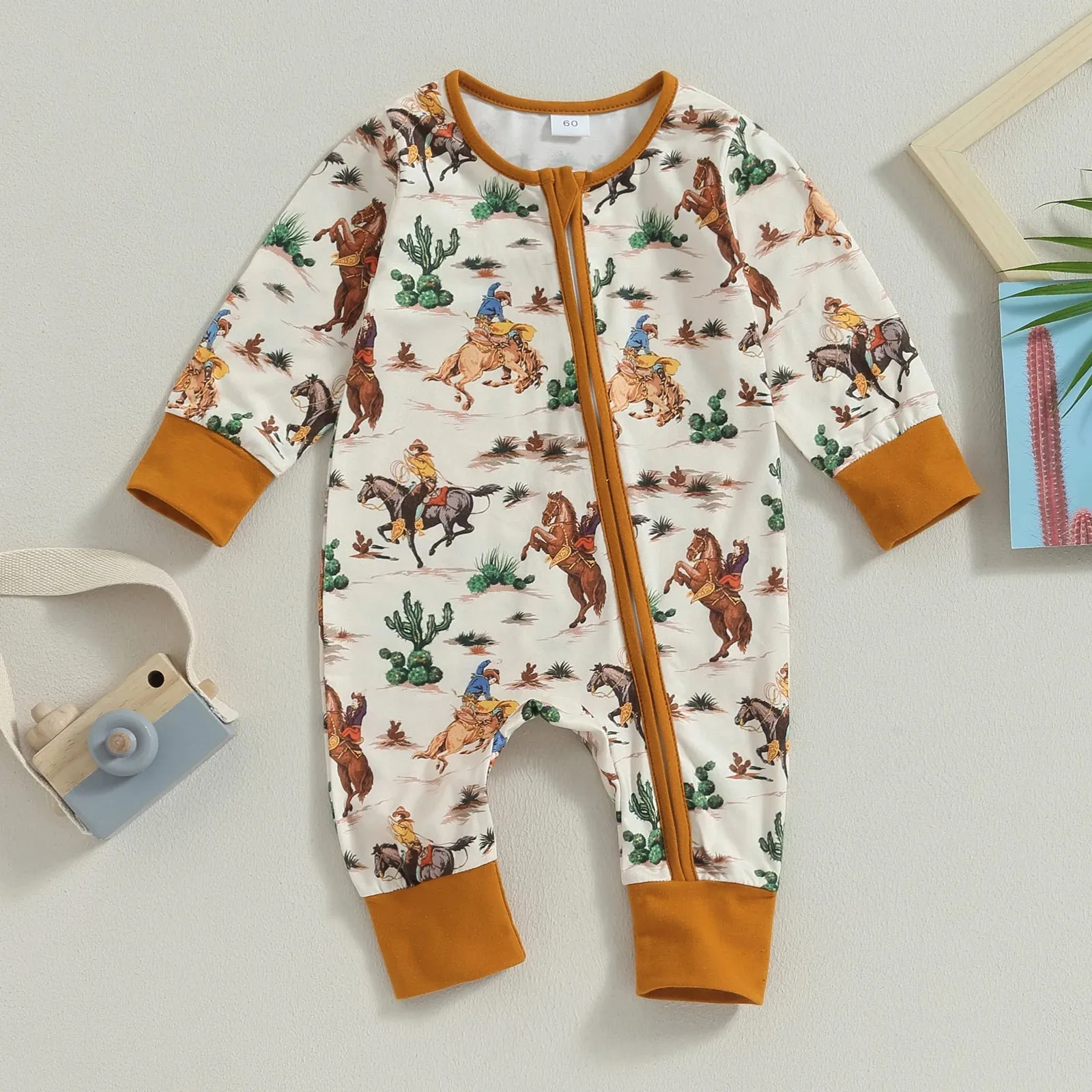 Baby Boys Western Zip-Up Romper Onesie Cactus Cowboy Horse