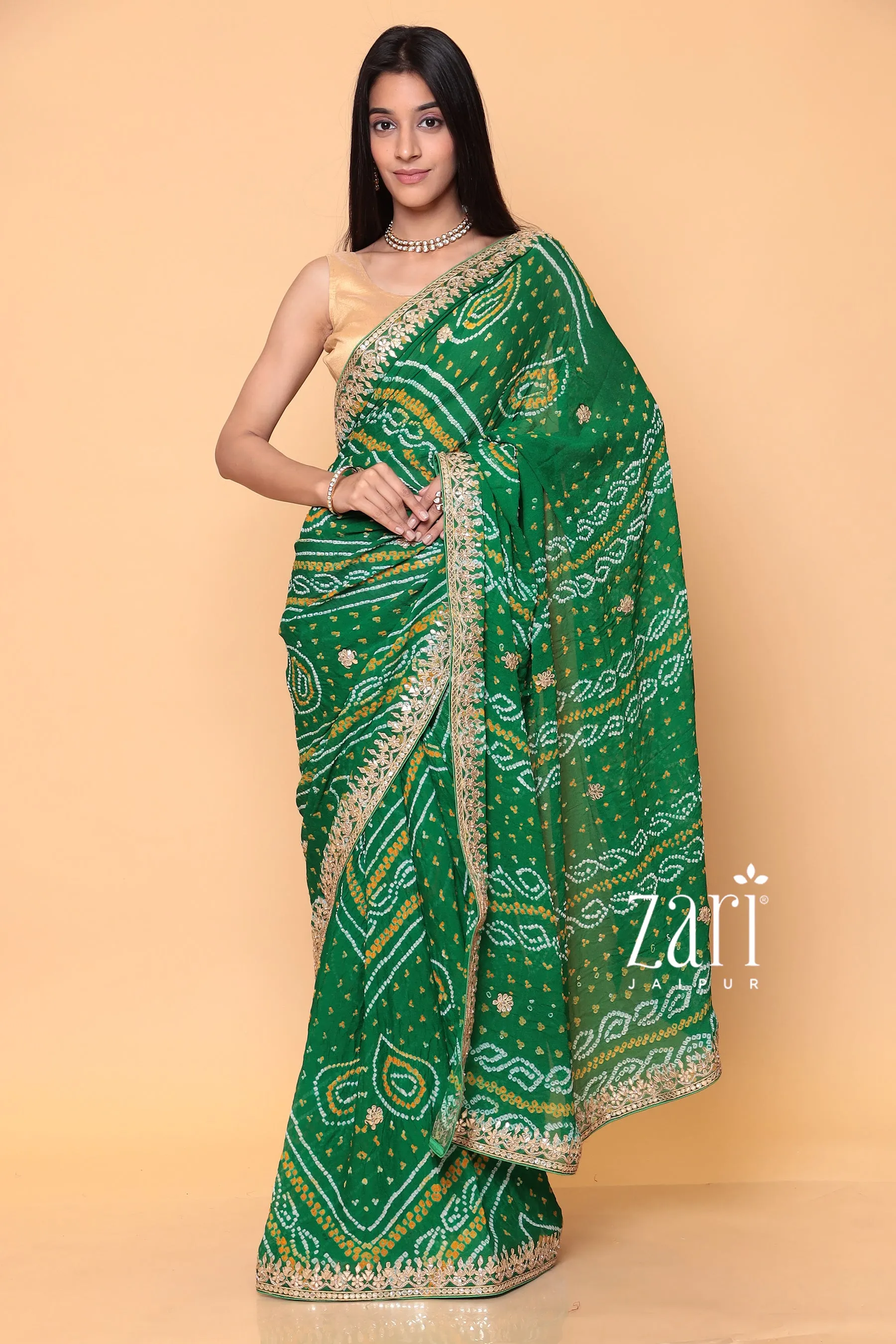 Bandhej Georgette Saree with Dori, Gota Patti, Pearl work.