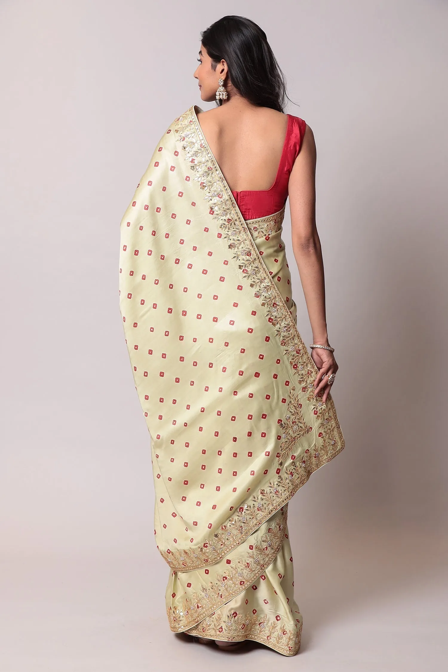 Bandhej Satin silk Saree with Gota Patti work.