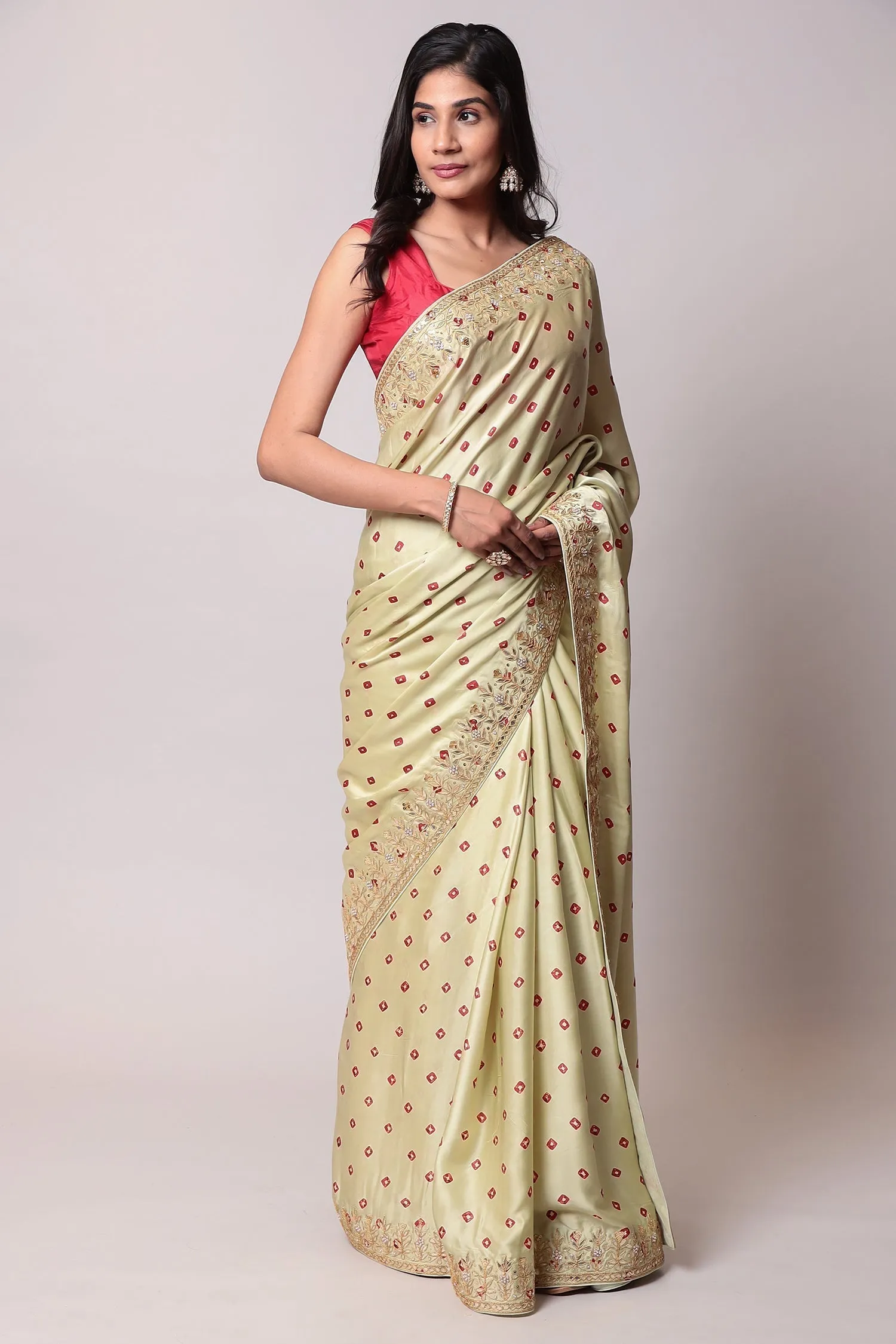 Bandhej Satin silk Saree with Gota Patti work.