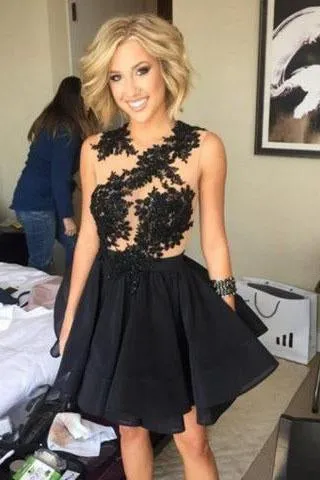 Black Short Appliques Sleeveless Backless Prom Dress Homecoming Dresses