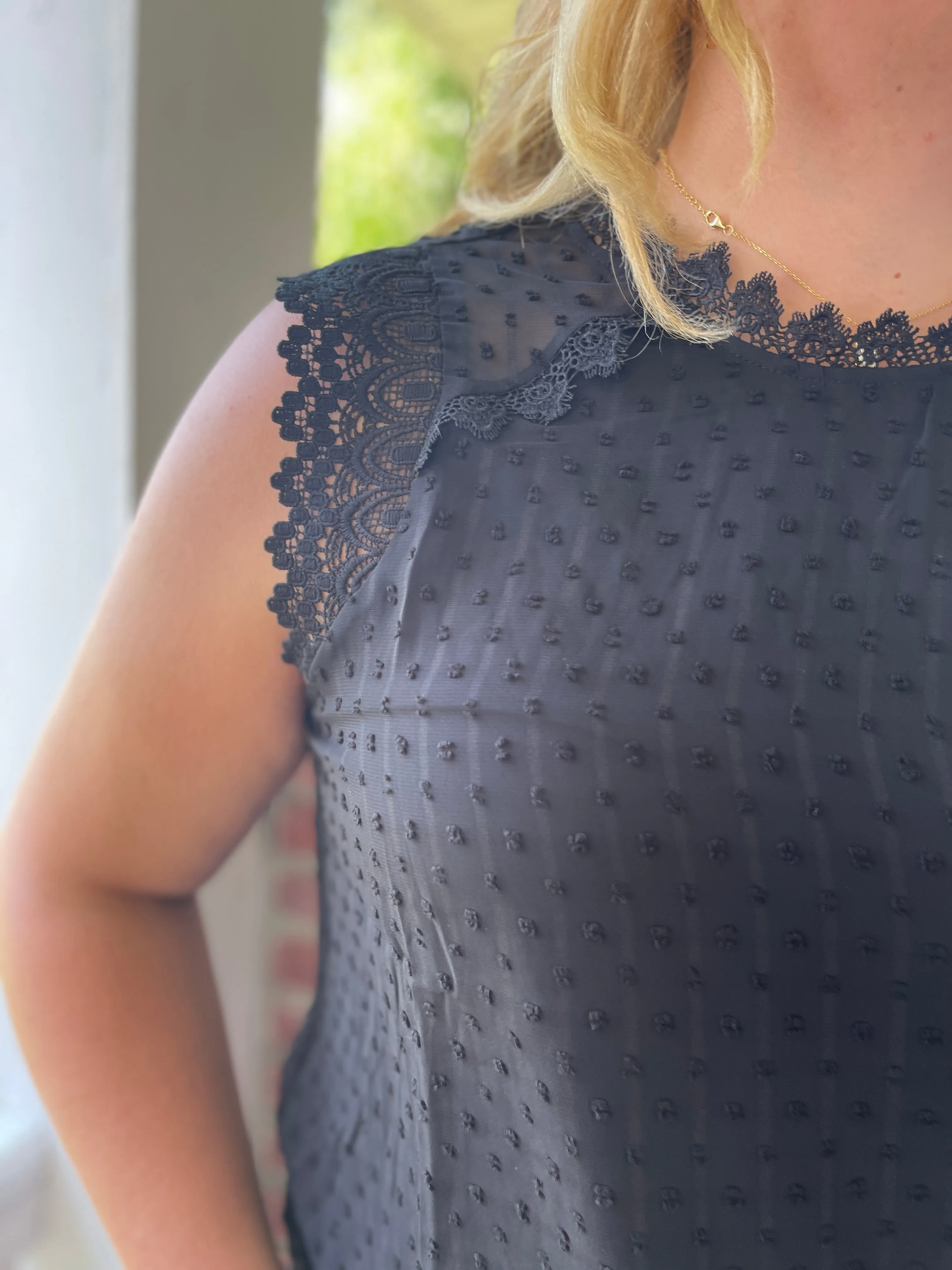 BLACK SWISS DOT/ LACE TRIM SLEEVELESS BLOUSE