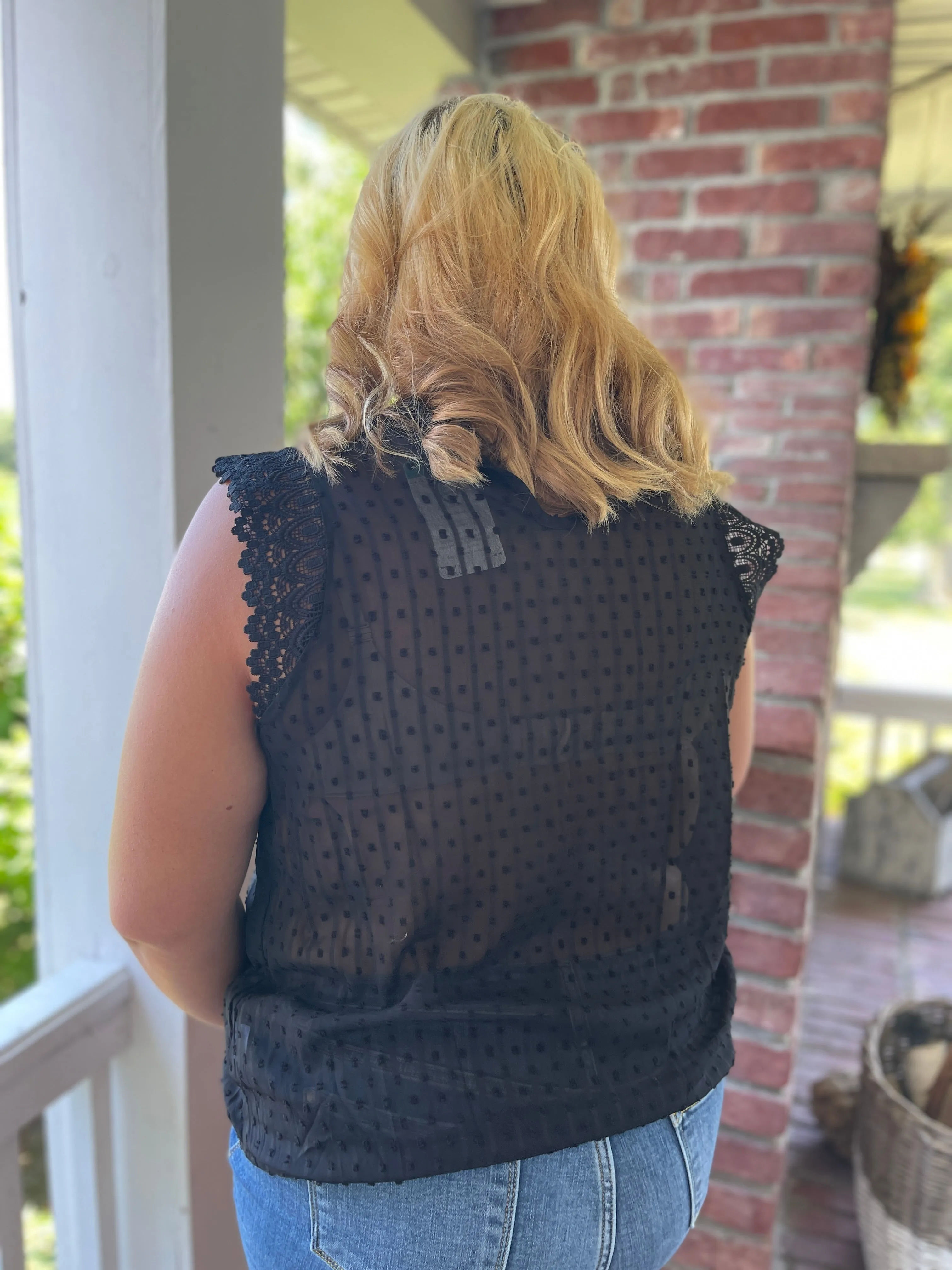 BLACK SWISS DOT/ LACE TRIM SLEEVELESS BLOUSE