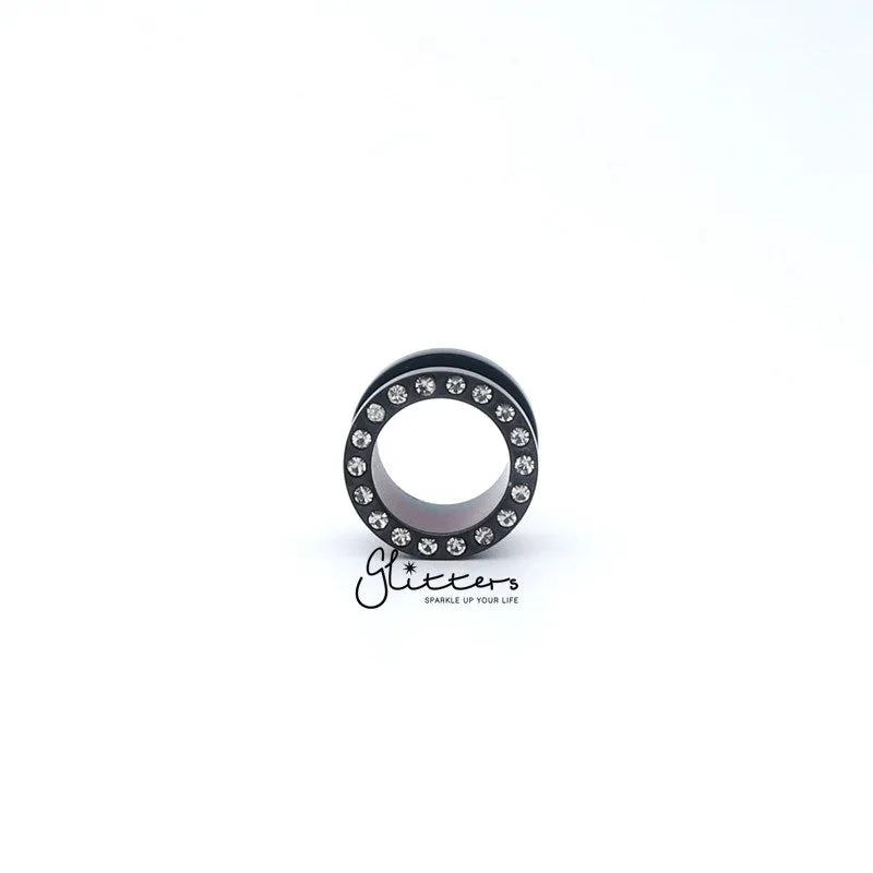 Black Titanium I.P Surgical Steel Crystal Ear Screw On Flesh Tunnels