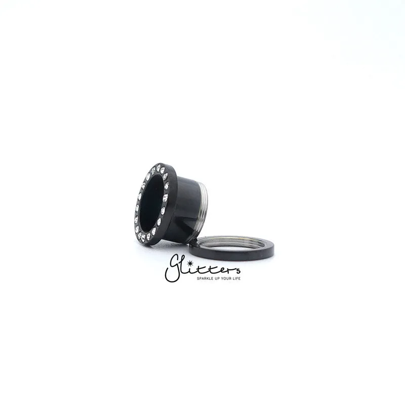 Black Titanium I.P Surgical Steel Crystal Ear Screw On Flesh Tunnels