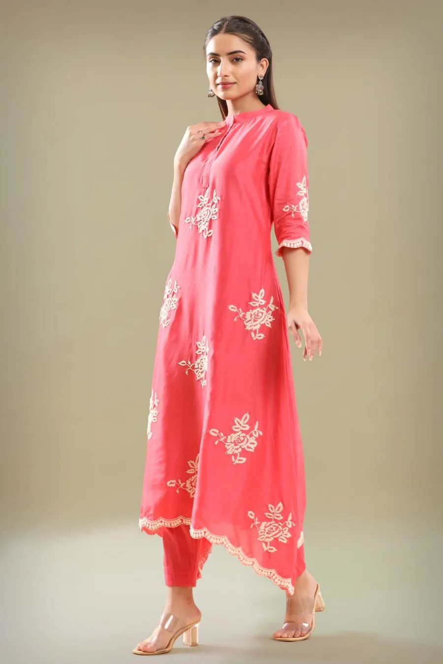 Bright Pink Embroidered A-line Kurta With Pant