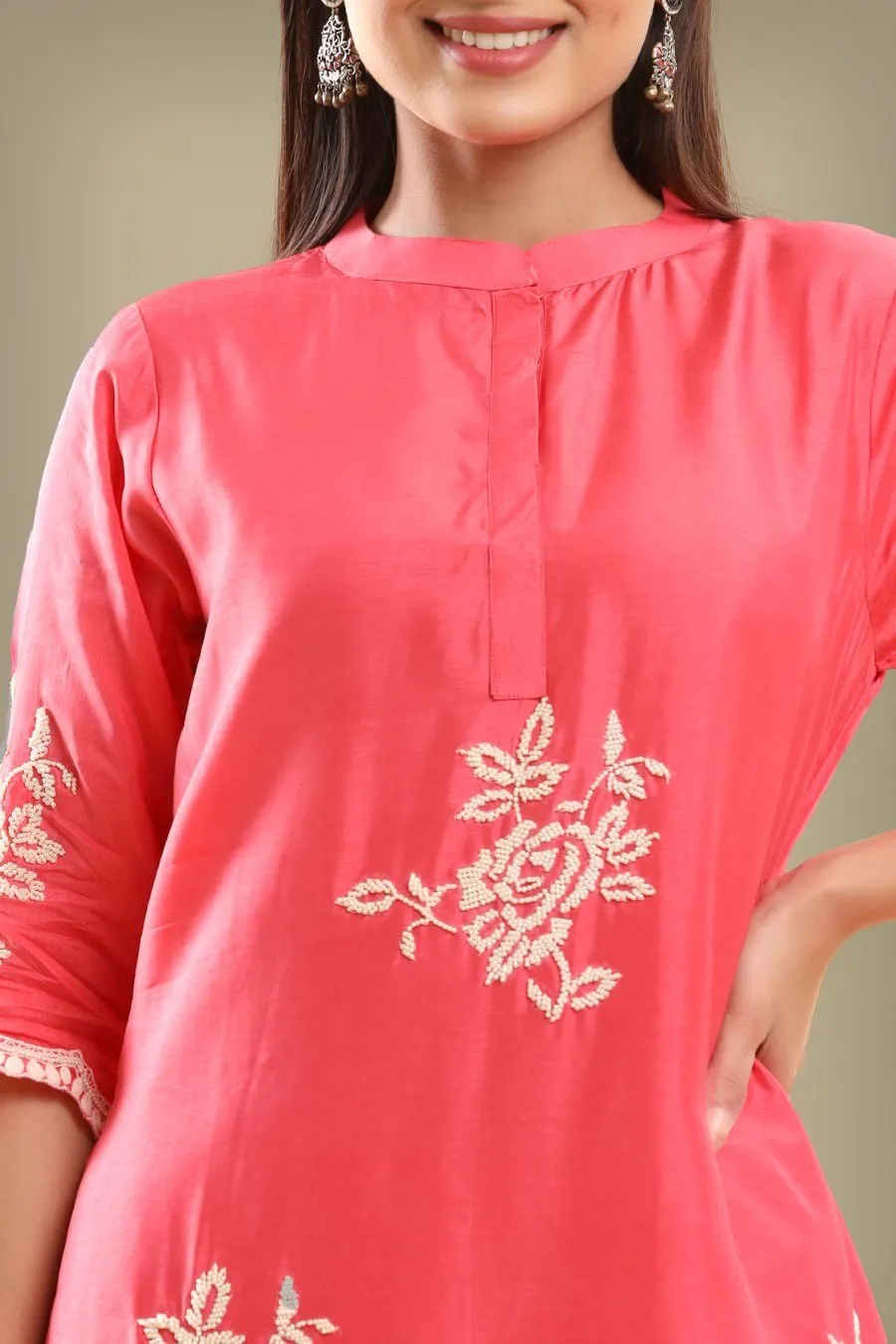 Bright Pink Embroidered A-line Kurta With Pant