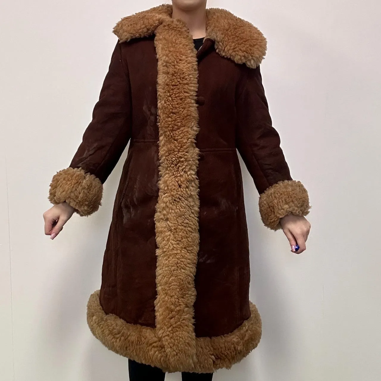 Brown Genuine Sheepskin Shearling Suede Coat - Medium