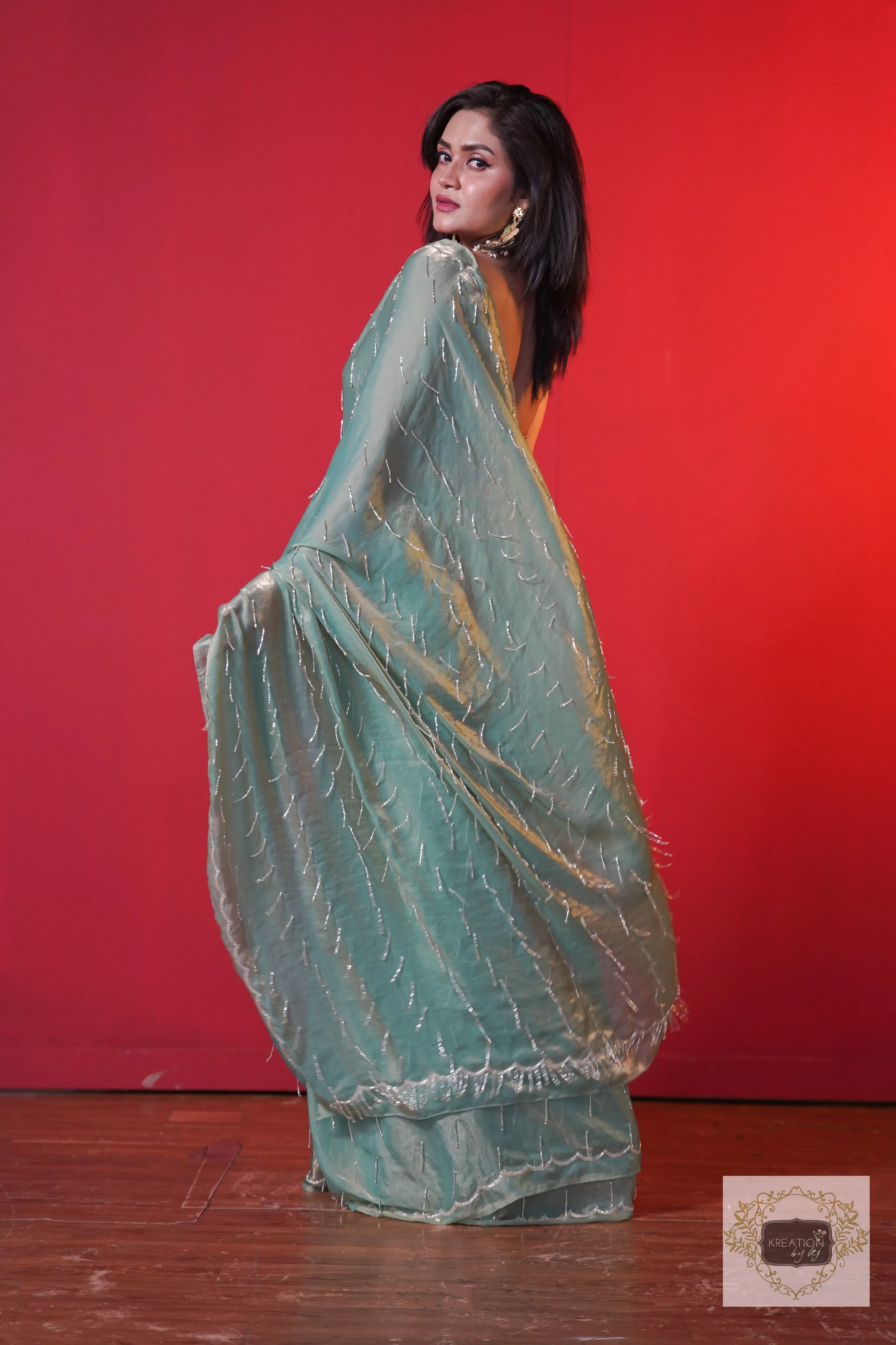 Chammak Challo Pastel Green Shimmer Satin Saree