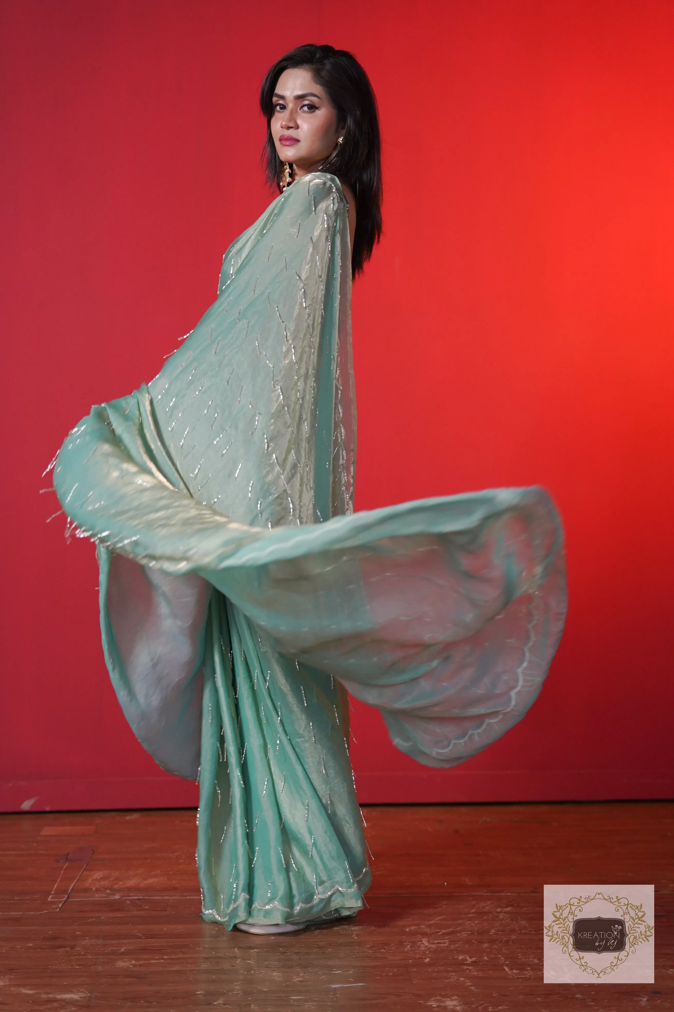 Chammak Challo Pastel Green Shimmer Satin Saree