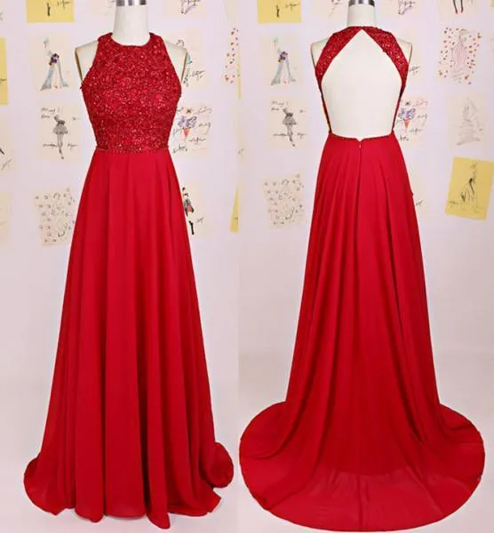 Charming O-Neck Beading A-Line Red Floor-Length Chiffon Backless Prom Dresses