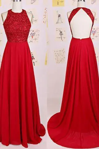 Charming O-Neck Beading A-Line Red Floor-Length Chiffon Backless Prom Dresses