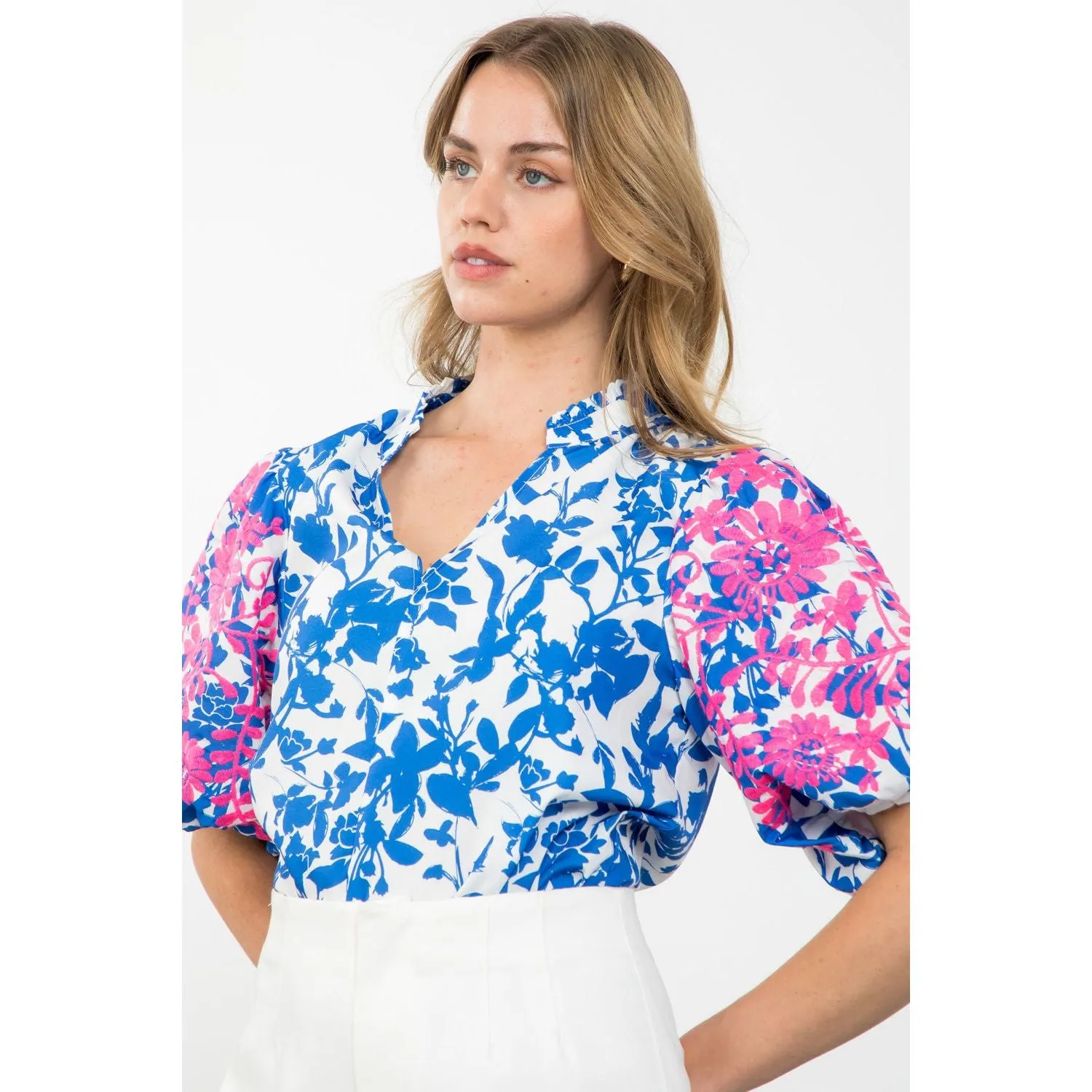 Cherie Embroidered Puff Sleeve Print THML Top