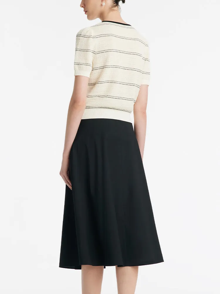 Contrast Trim Striped Knit Top And Half Skirt Two-Piece Set