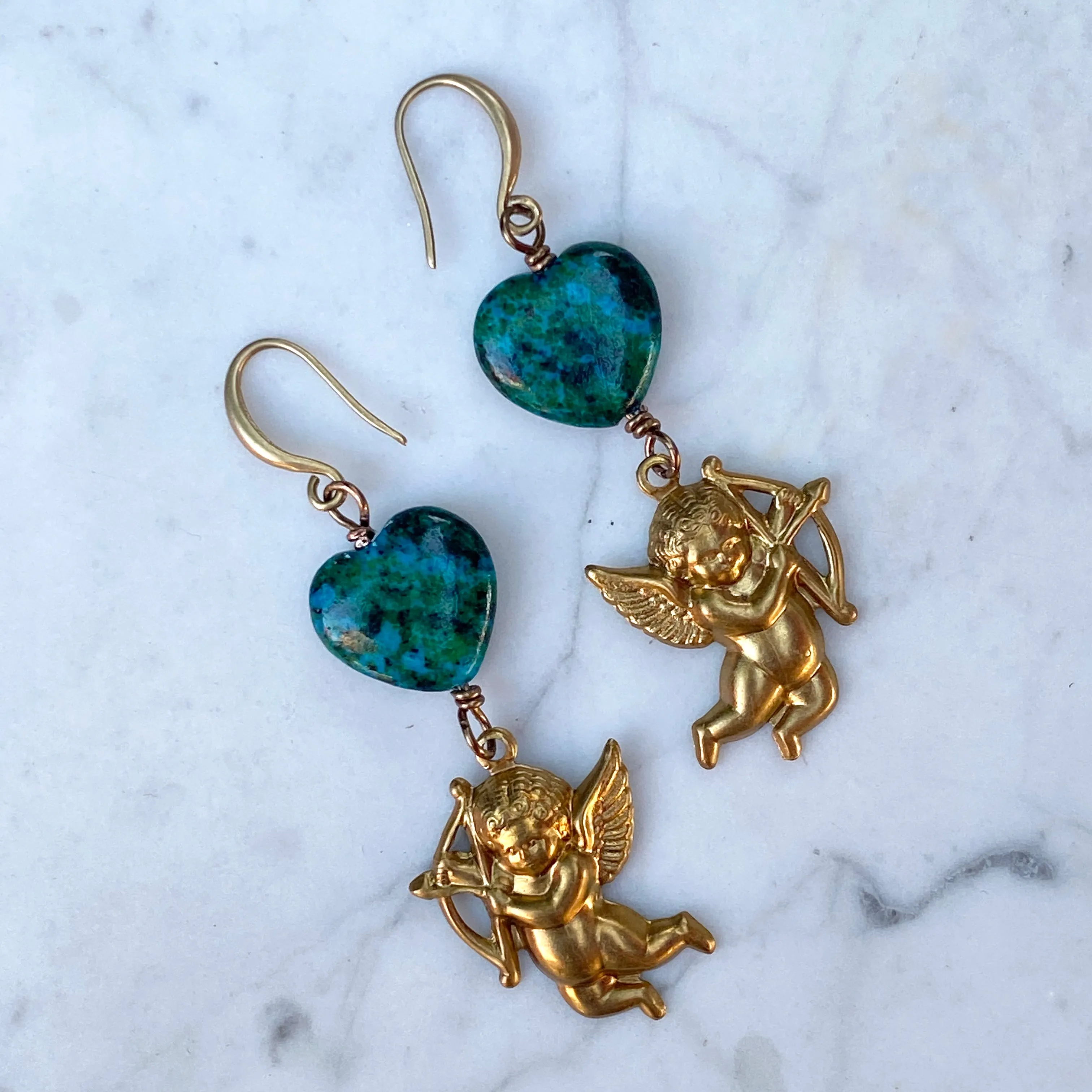 Cupid with Azurite Hearts Earrings