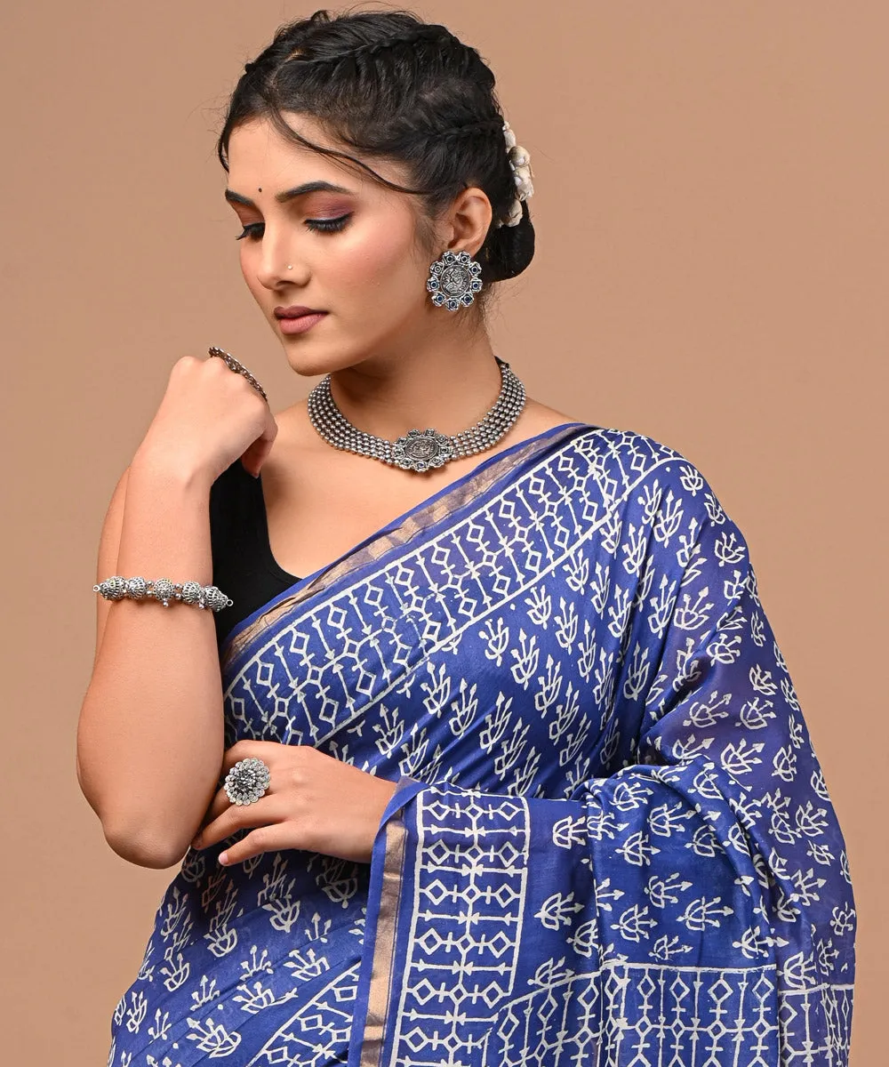 Cyan blue offwhite cotton silk hand block printed sanganeri saree