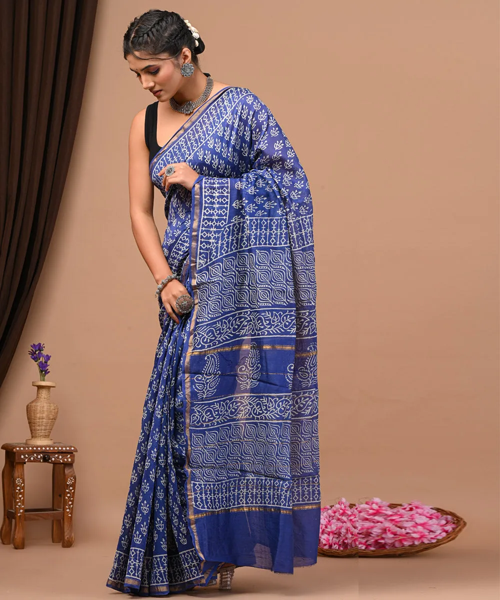 Cyan blue offwhite cotton silk hand block printed sanganeri saree