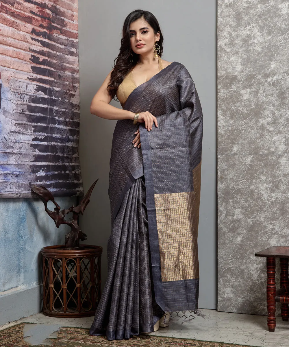 Dark blue handwoven tussar silk chhatisgarh saree