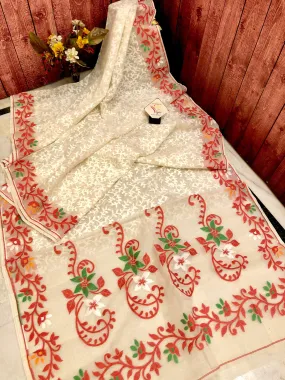 Deep White and Red Color Jamdani Saree with Allover Weaving