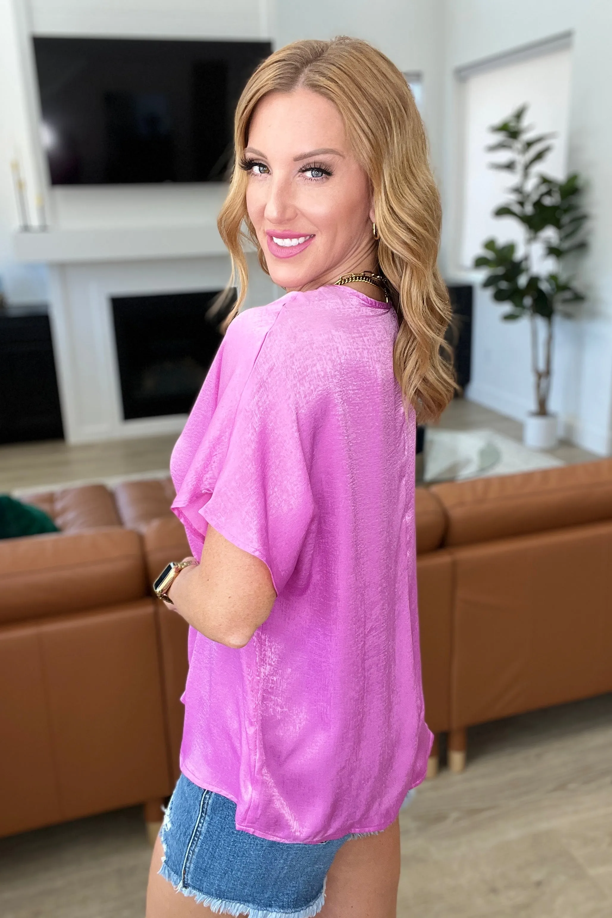 DOORBUSTER: Pleat Front V-Neck Top in Spring Orchid (Ships in 1-2 Weeks)