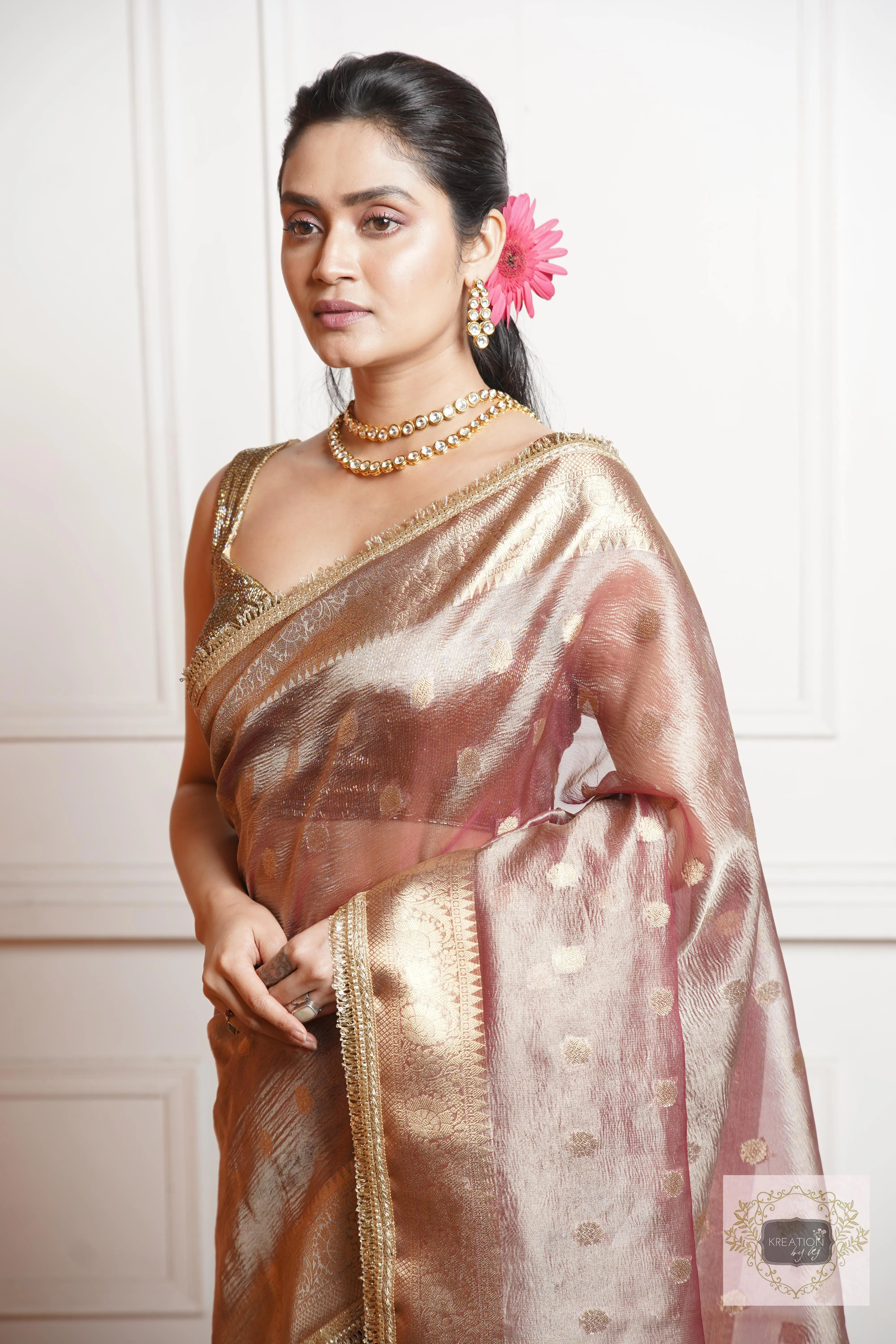 Dusty Mauve Tissue Banarasi Saree with Golden Border