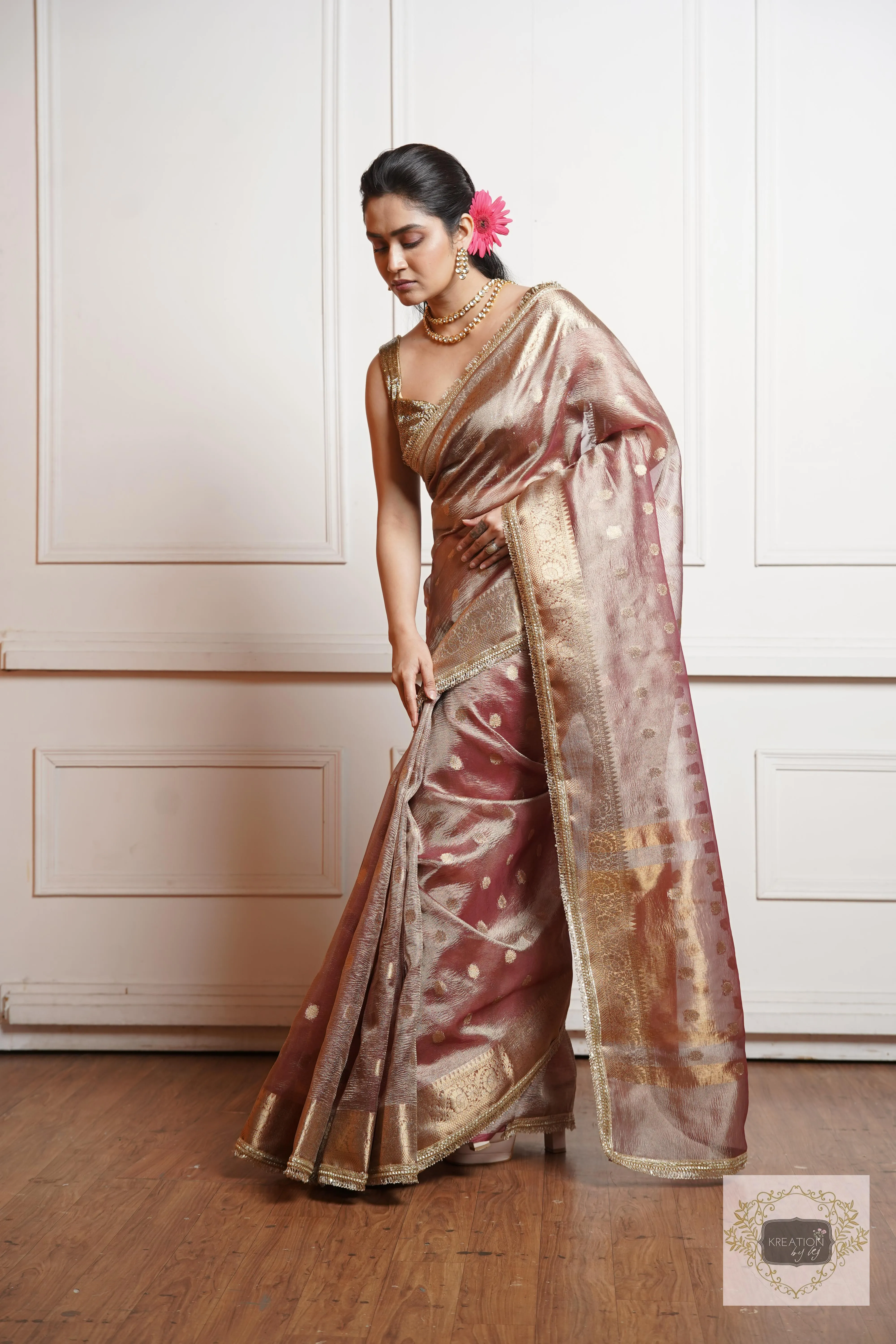 Dusty Mauve Tissue Banarasi Saree with Golden Border