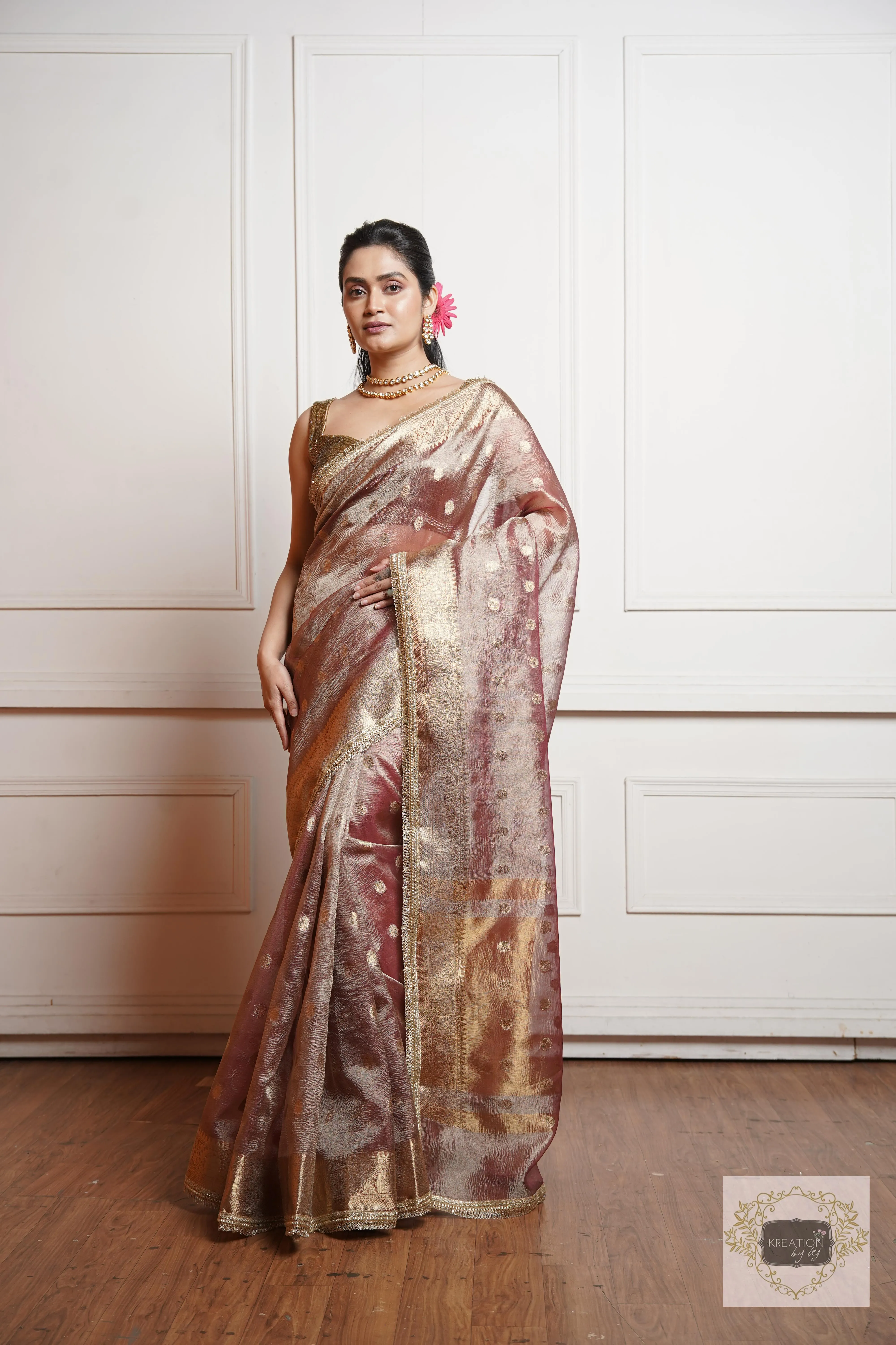 Dusty Mauve Tissue Banarasi Saree with Golden Border