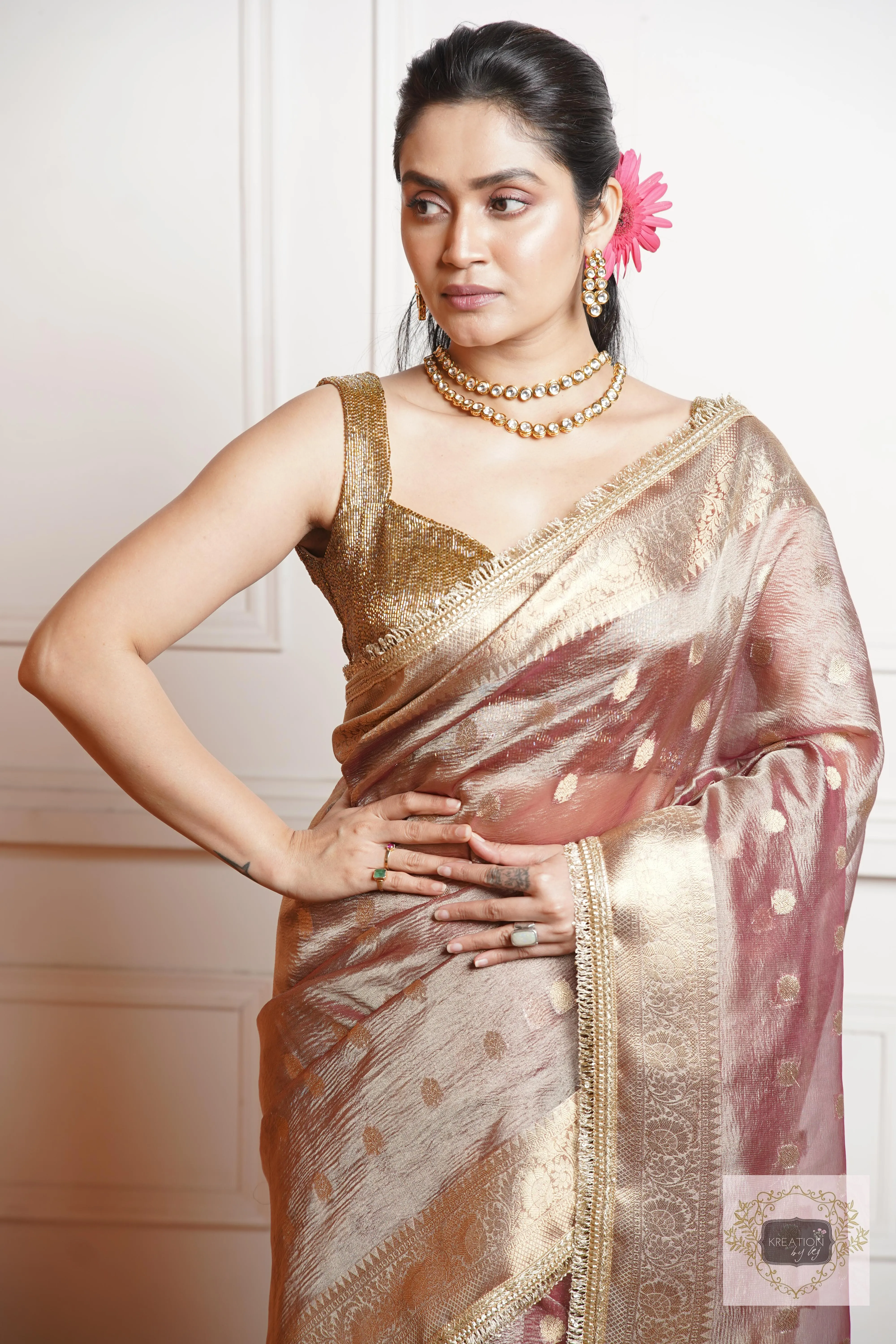 Dusty Mauve Tissue Banarasi Saree with Golden Border