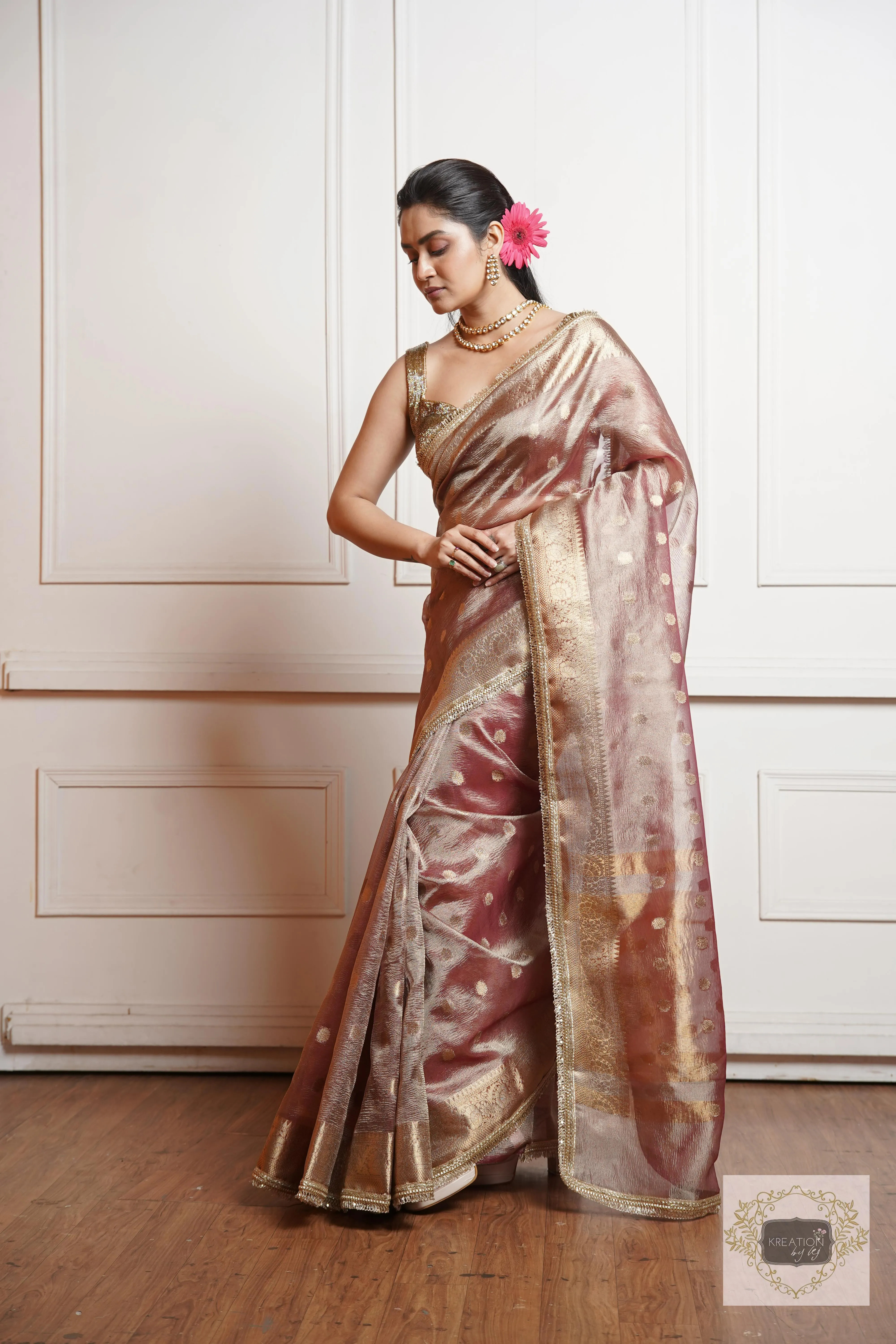 Dusty Mauve Tissue Banarasi Saree with Golden Border