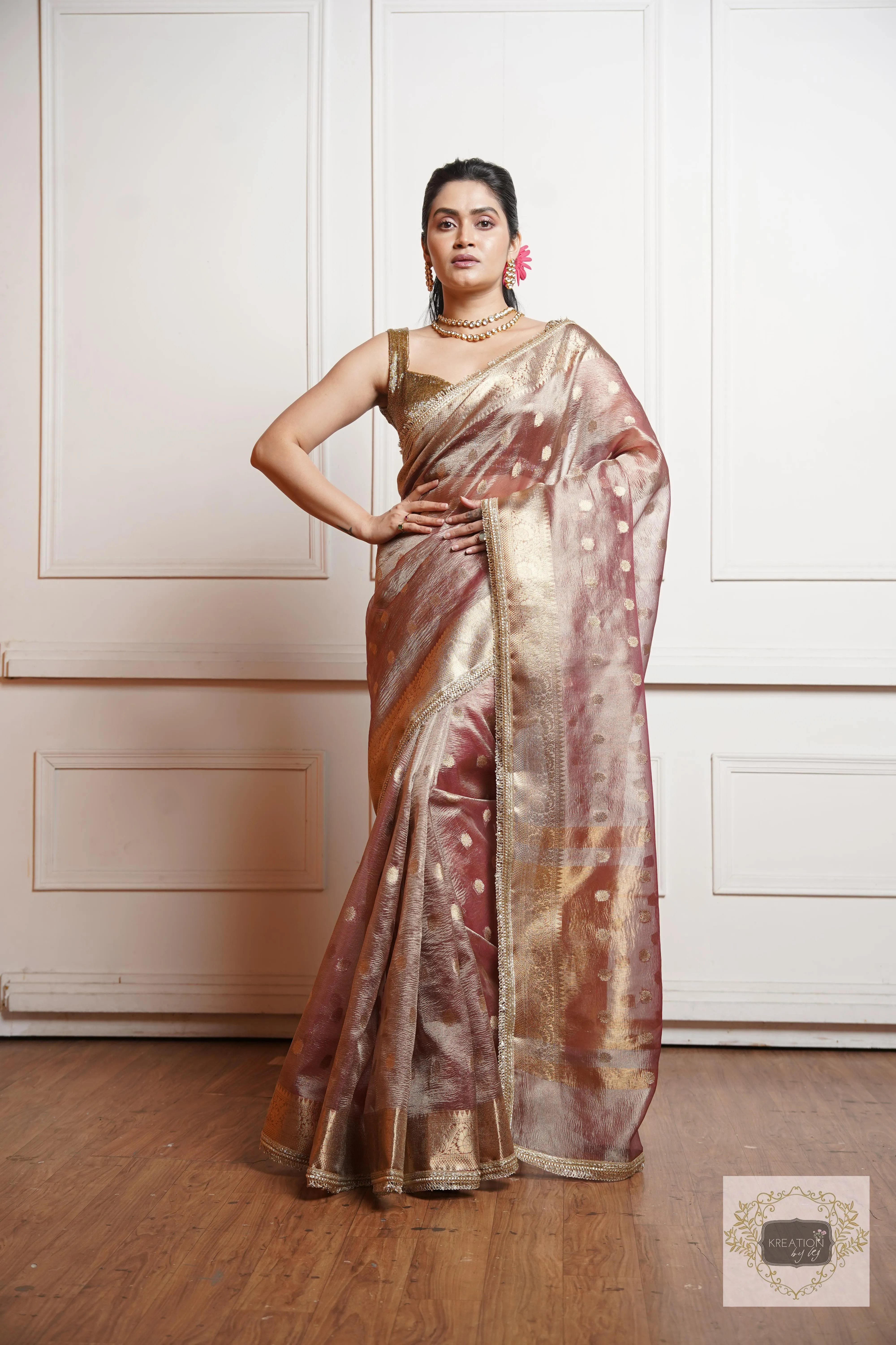 Dusty Mauve Tissue Banarasi Saree with Golden Border