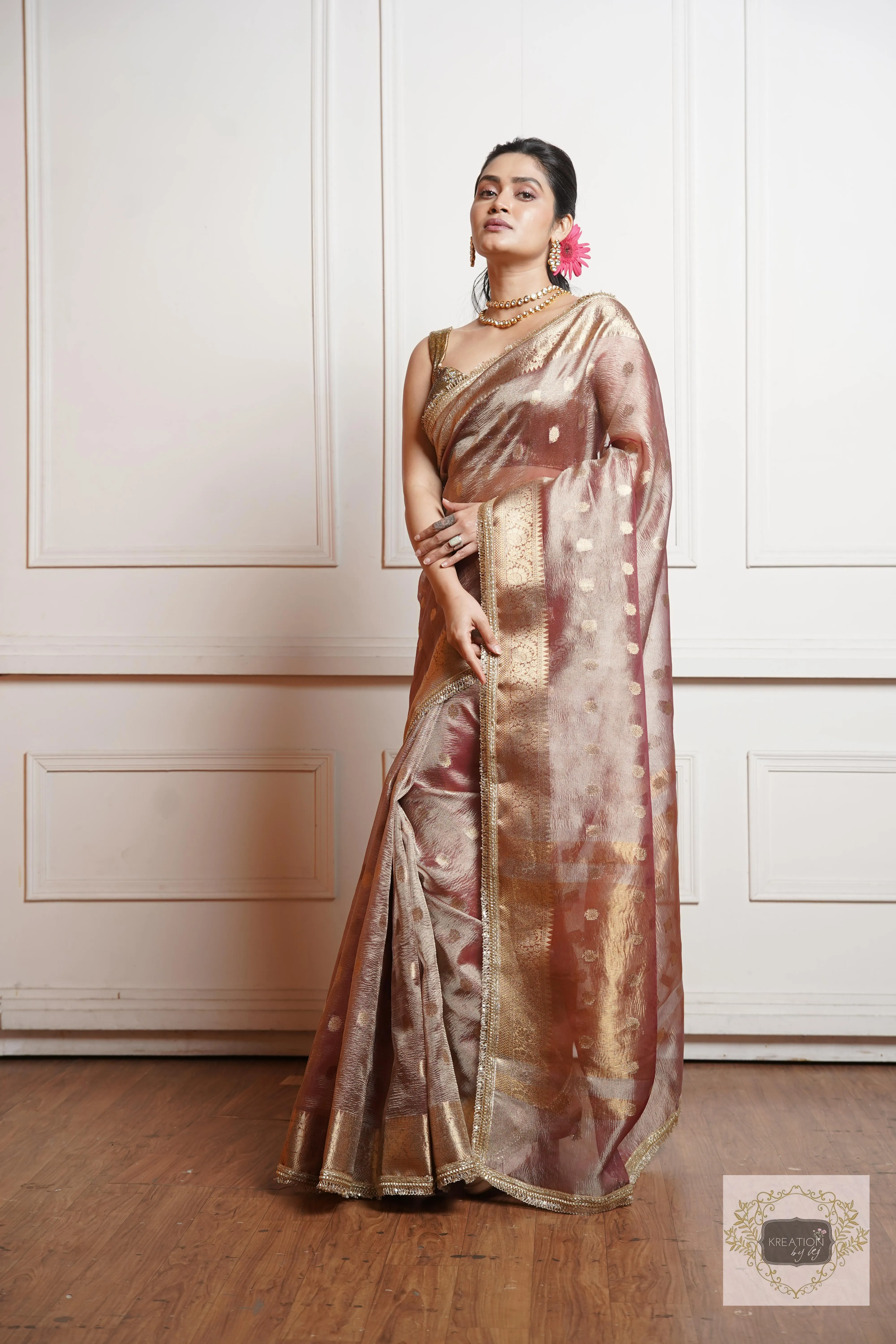 Dusty Mauve Tissue Banarasi Saree with Golden Border