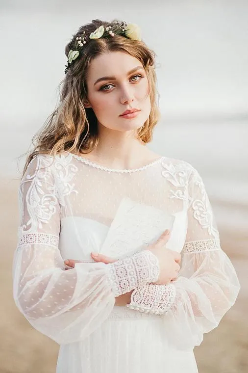 Elegant A Line See Through Long Sleeve Lace Appliques Ivory Beach Wedding Dresses