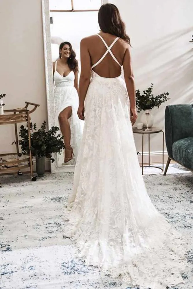 Elegant A Line V Neck Lace Ivory Beach Wedding Dresses with Slit, Bridal Gowns STK15579