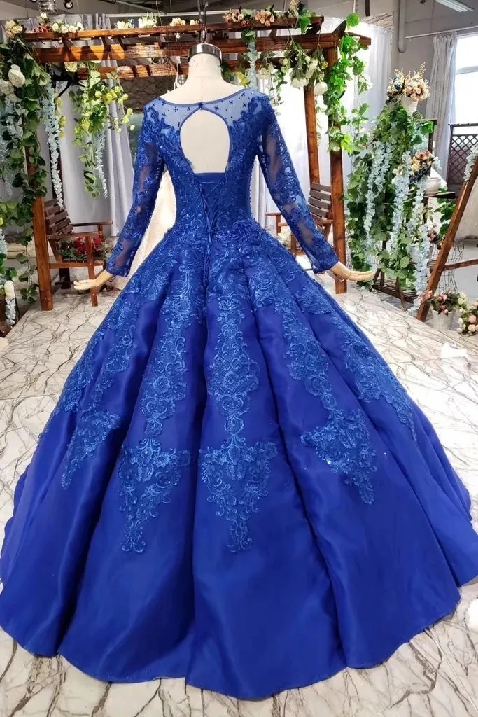 Elegant Royal Blue Long Sleeves Ball Gown Lace up Puffy Quinceanera Dress with Appliques