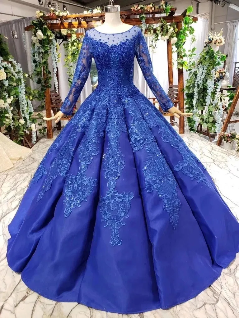 Elegant Royal Blue Long Sleeves Ball Gown Lace up Puffy Quinceanera Dress with Appliques