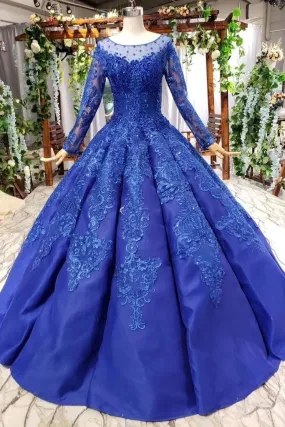 Elegant Royal Blue Long Sleeves Ball Gown Lace up Puffy Quinceanera Dress with Appliques