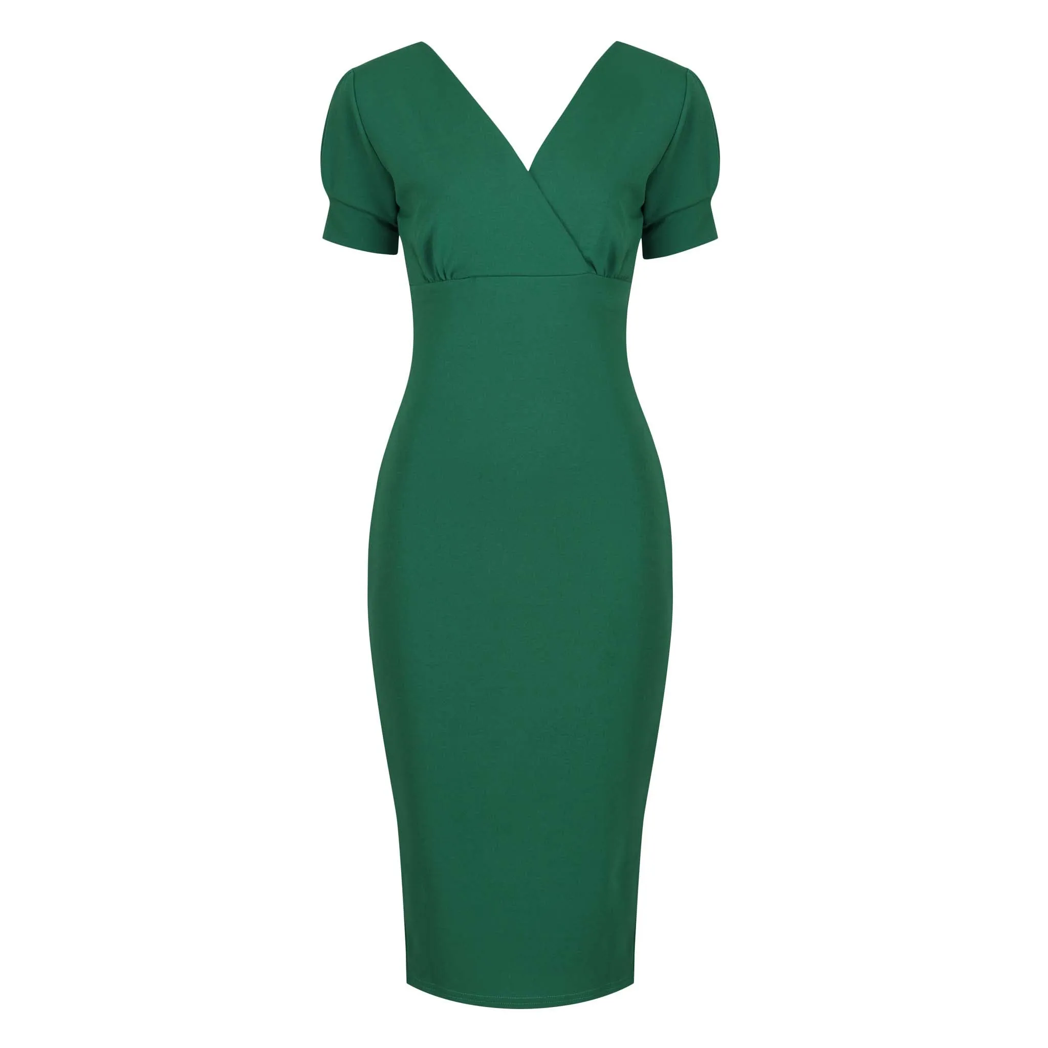 Emerald Green Puff Sleeve V Neck Bodycon Pencil Dress