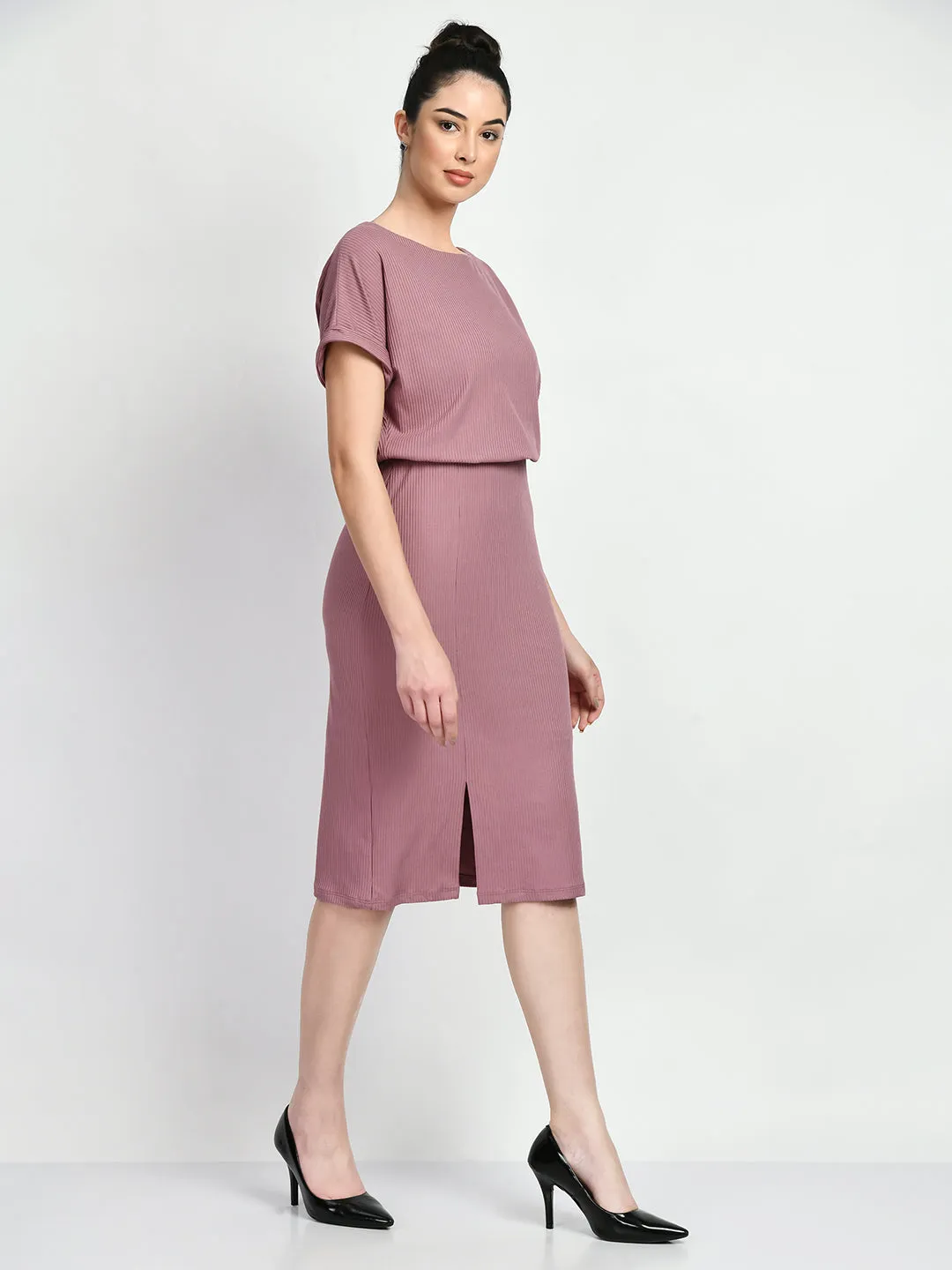 Exude Enigma Ribbed Blouson Dress (Dusty Pink)