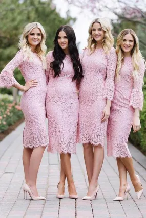 Fashion Sheath Jewel Mermaid Long Sleeves Pink Lace Knee Length Bridesmaid Dress